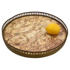 Small Round Tray with Red Carrara Marble Top and Brass Edging