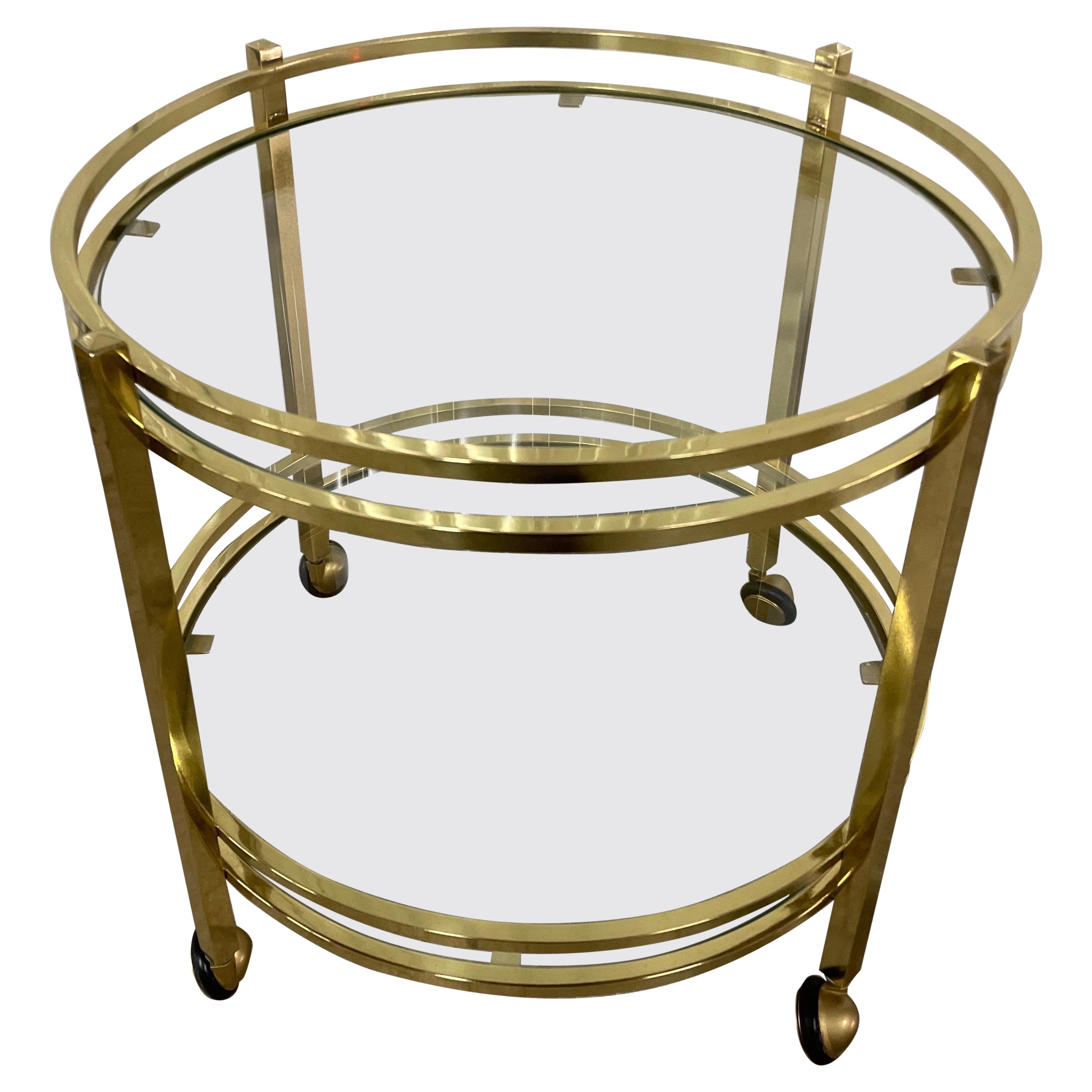 Small Round Two Tiered Brass & Glass Bar Cart on Casters