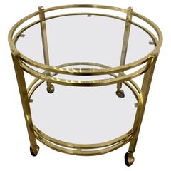 Small Round Two Tiered Brass & Glass Bar Cart on Casters