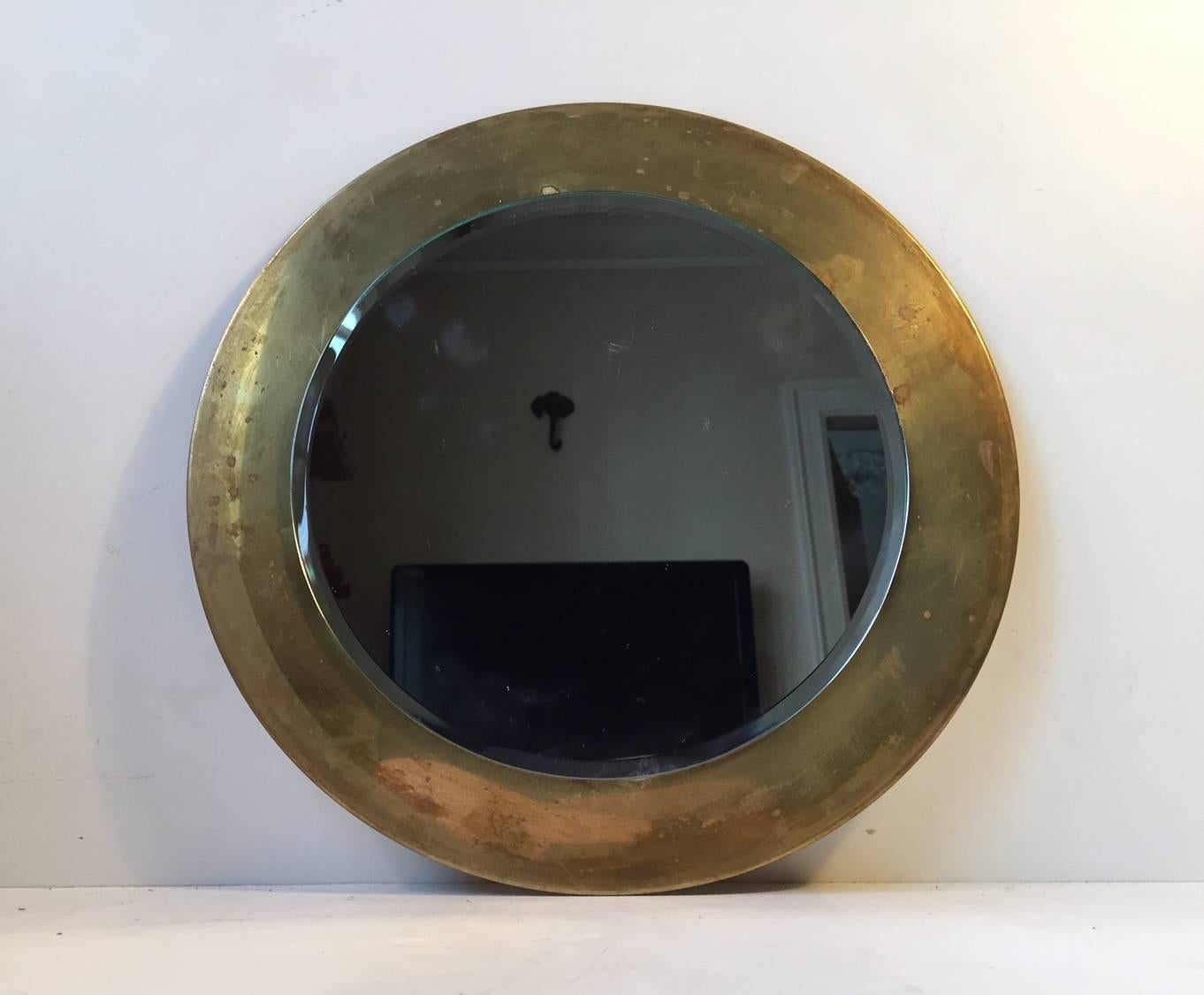 Mid-Century Modern Small Round Vintage Danish Wall Mirror in Brass, 1960s