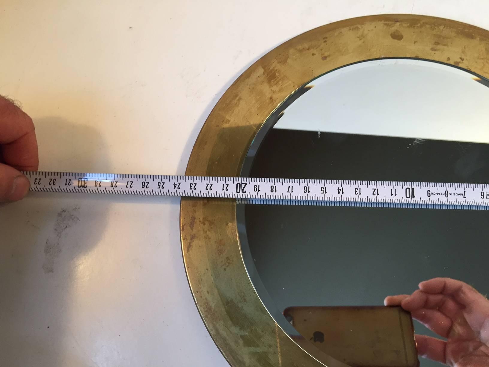 Patinated Small Round Vintage Danish Wall Mirror in Brass, 1960s