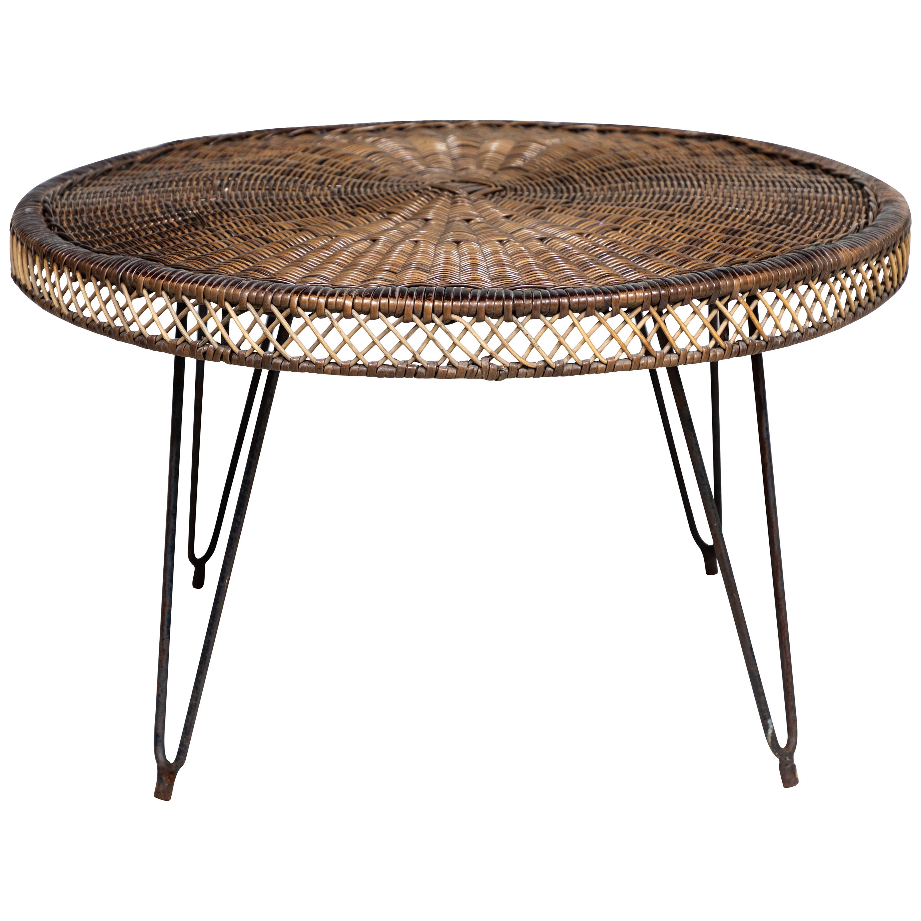 Small Round Wicker-Top Table, 1960s 