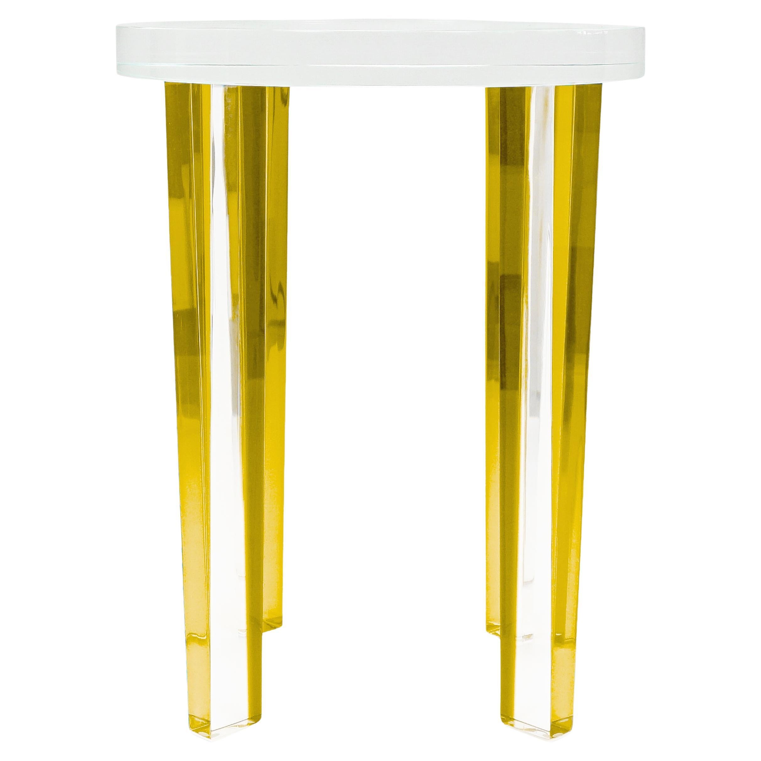 Small Round Yellow Lucite Four-Leg Side Table For Sale