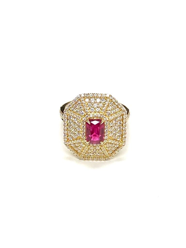 Small Ruby Emerald Cut Web Ring with Diamonds in 18K Yellow Gold,  from 'G-One' Collection.

Stone Size: 7 x 5 mm

Diamonds: G-H / VS, Approx. Wt: 1.26 Carats
