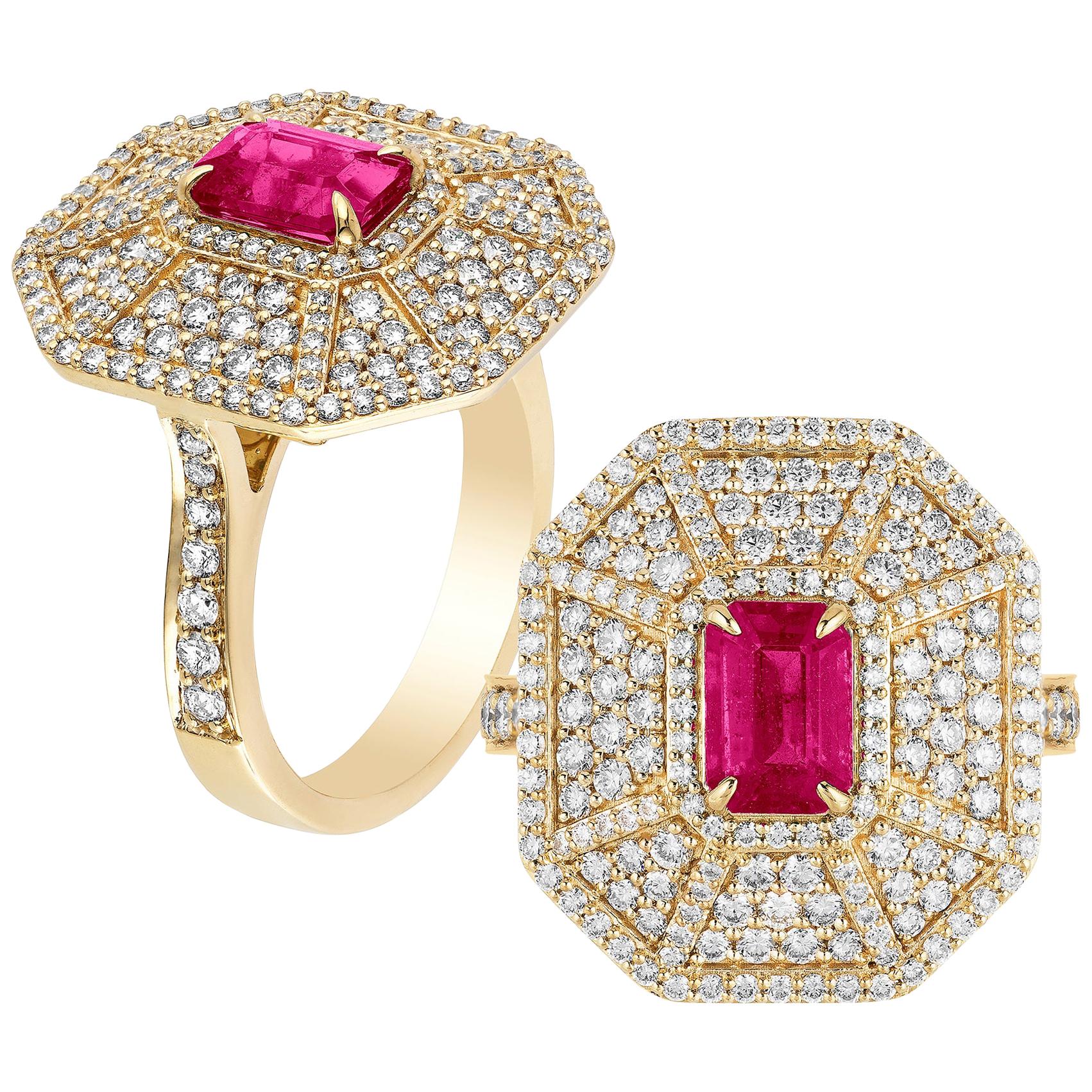 Goshwara Emerald Cut Ruby And Diamond Ring