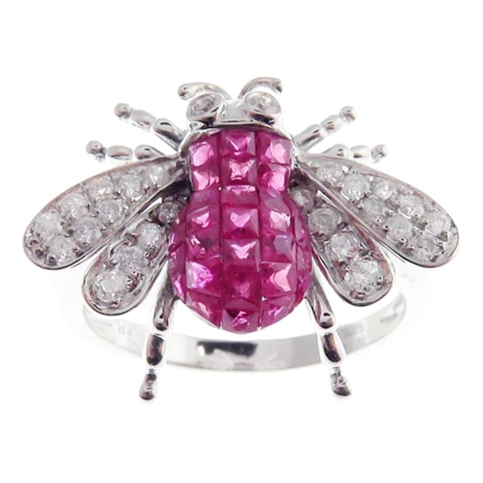 Modern Small Ruby Invisible Bee Earring Ring Set For Sale