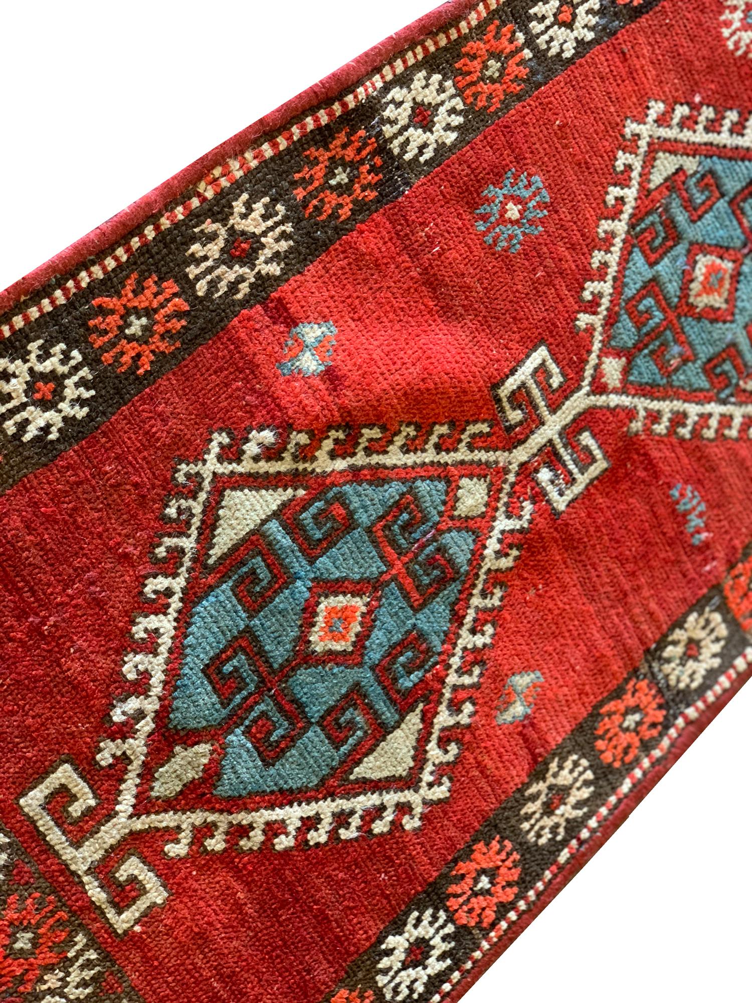 Art Deco Small Rug Red Oriental Carpet, Antique Geometric Hallway Rug Door Mat For Sale