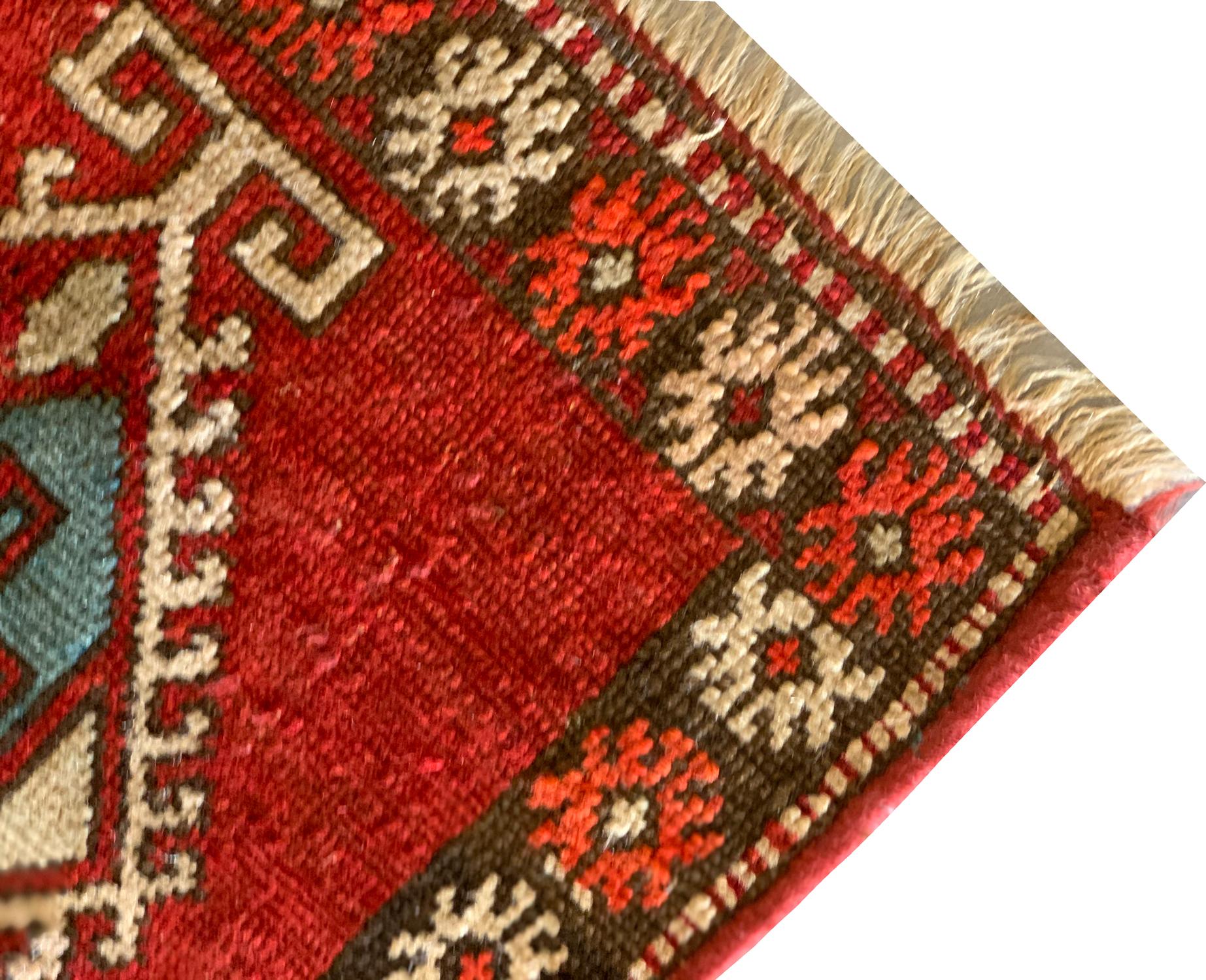 Turkish Small Rug Red Oriental Carpet, Antique Geometric Hallway Rug Door Mat
