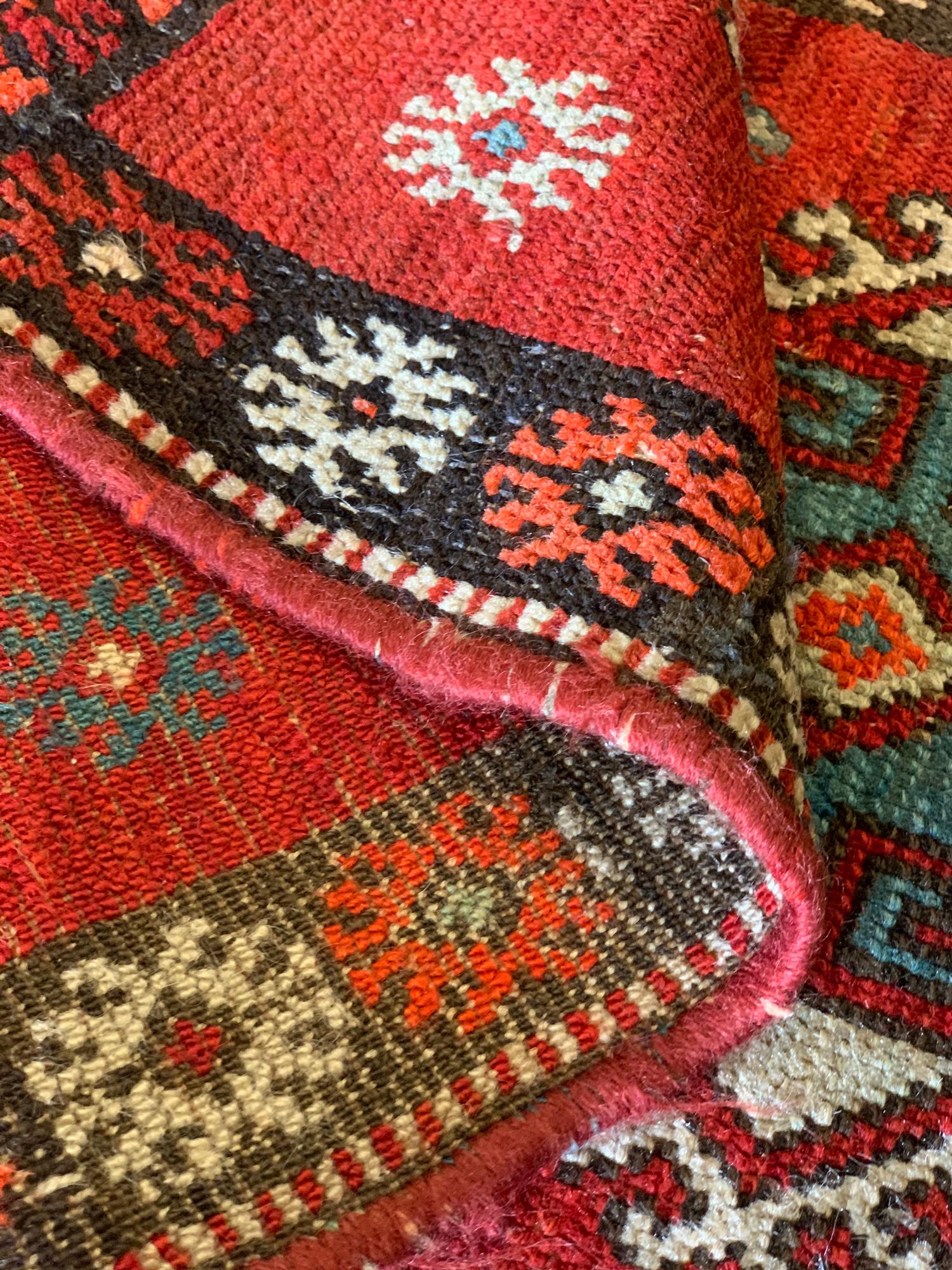 Small Rug Red Oriental Carpet, Antique Geometric Hallway Rug Door Mat In Excellent Condition In Hampshire, GB