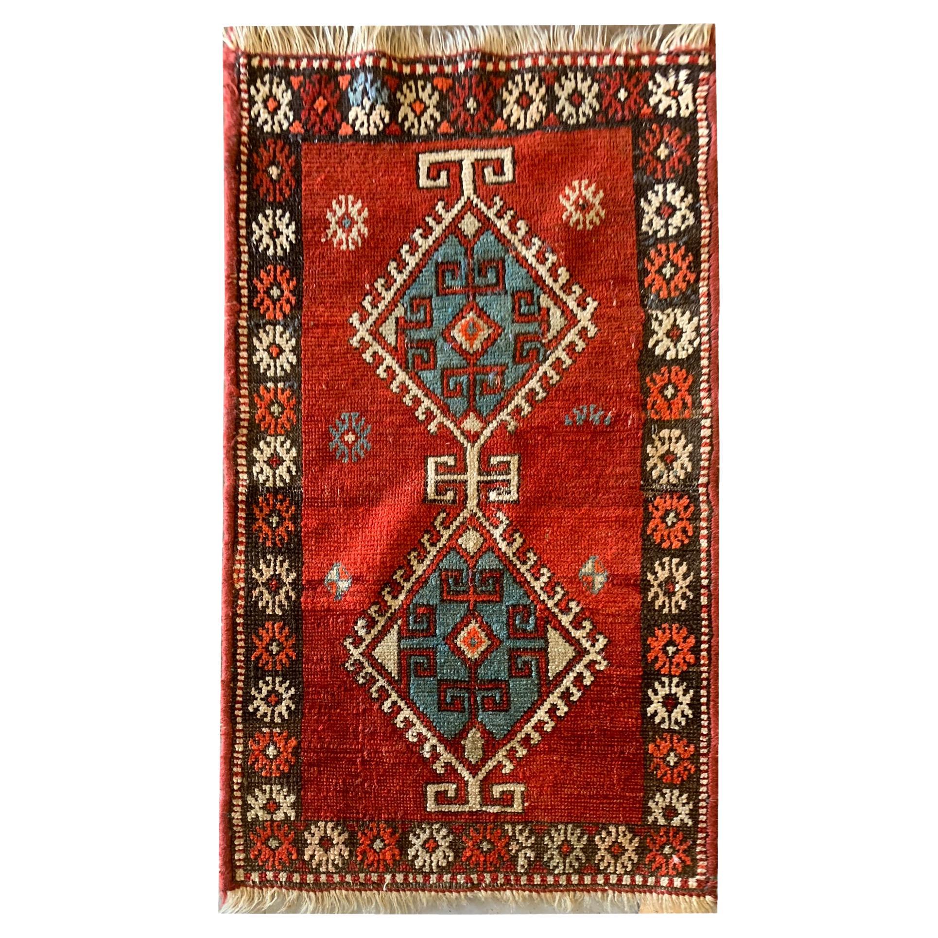 Small Rug Red Oriental Carpet, Antique Geometric Hallway Rug Door Mat For Sale
