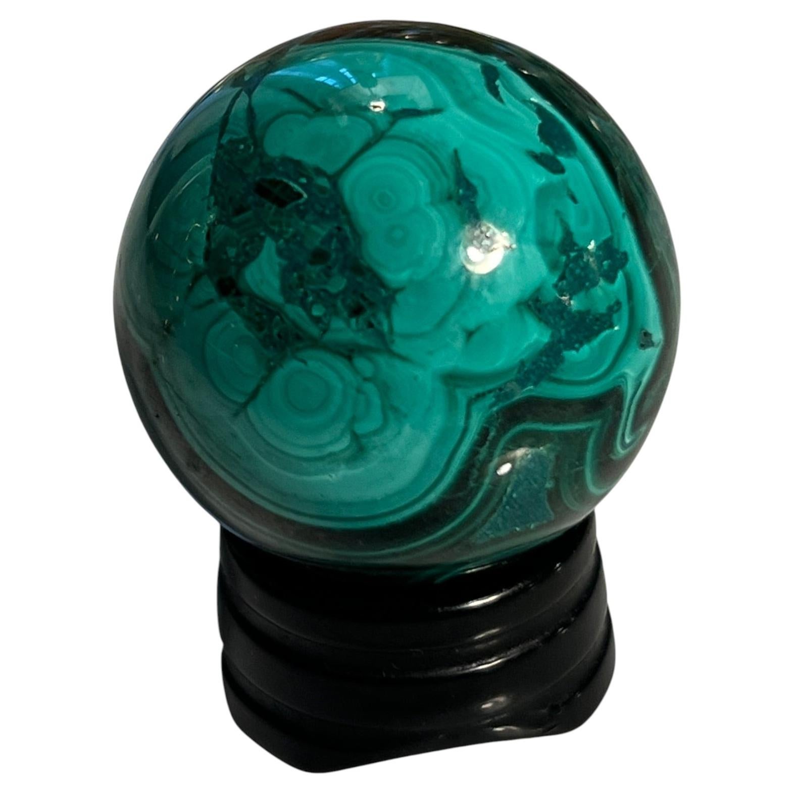 Small Russian Malachite Sphere on Black Stand For Sale
