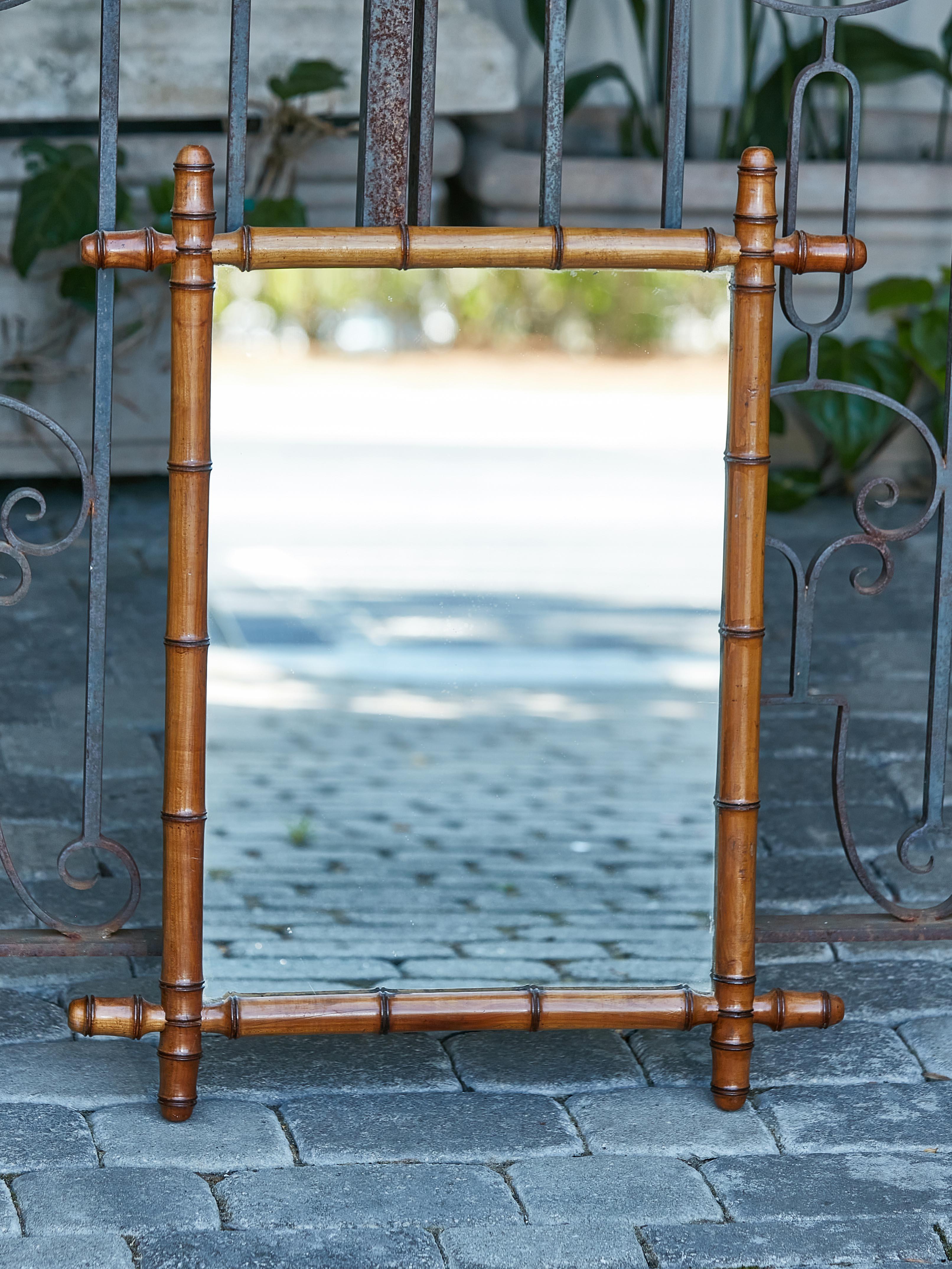 Small Rustic Faux-Bamboo 1920s French Walnut Mirror with Intersecting Corners For Sale 6