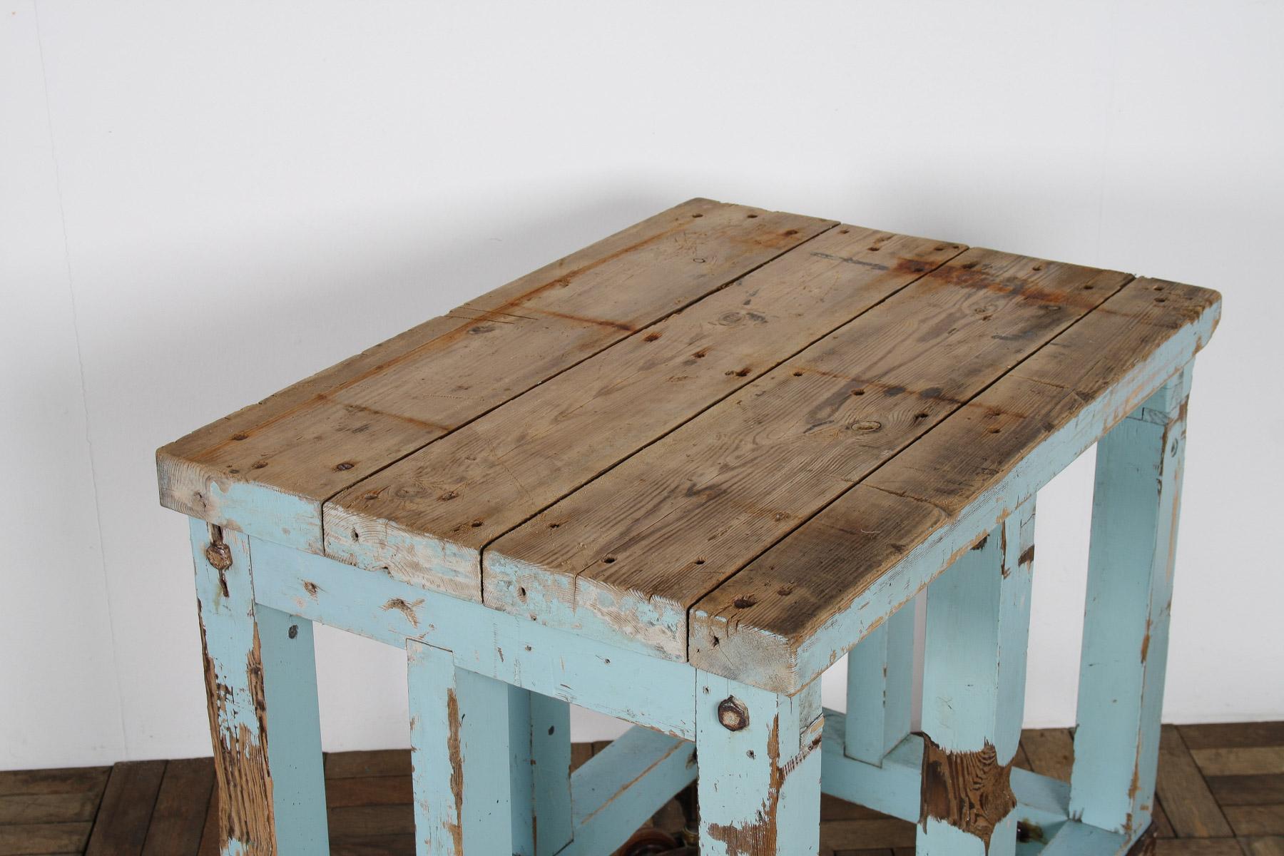 Small Rustic Duck Egg Blue Industrial Bakery Worktop Table on Cast Iron Castors For Sale 5