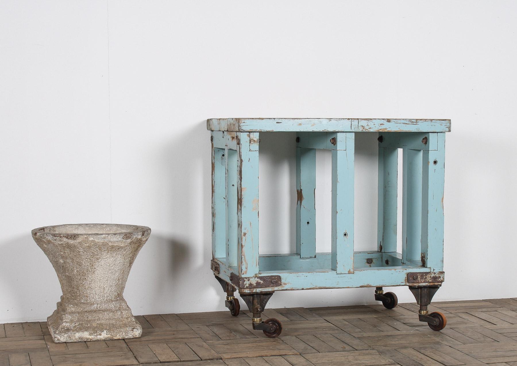 Small Rustic Duck Egg Blue Industrial Bakery Worktop Table on Cast Iron Castors For Sale 6