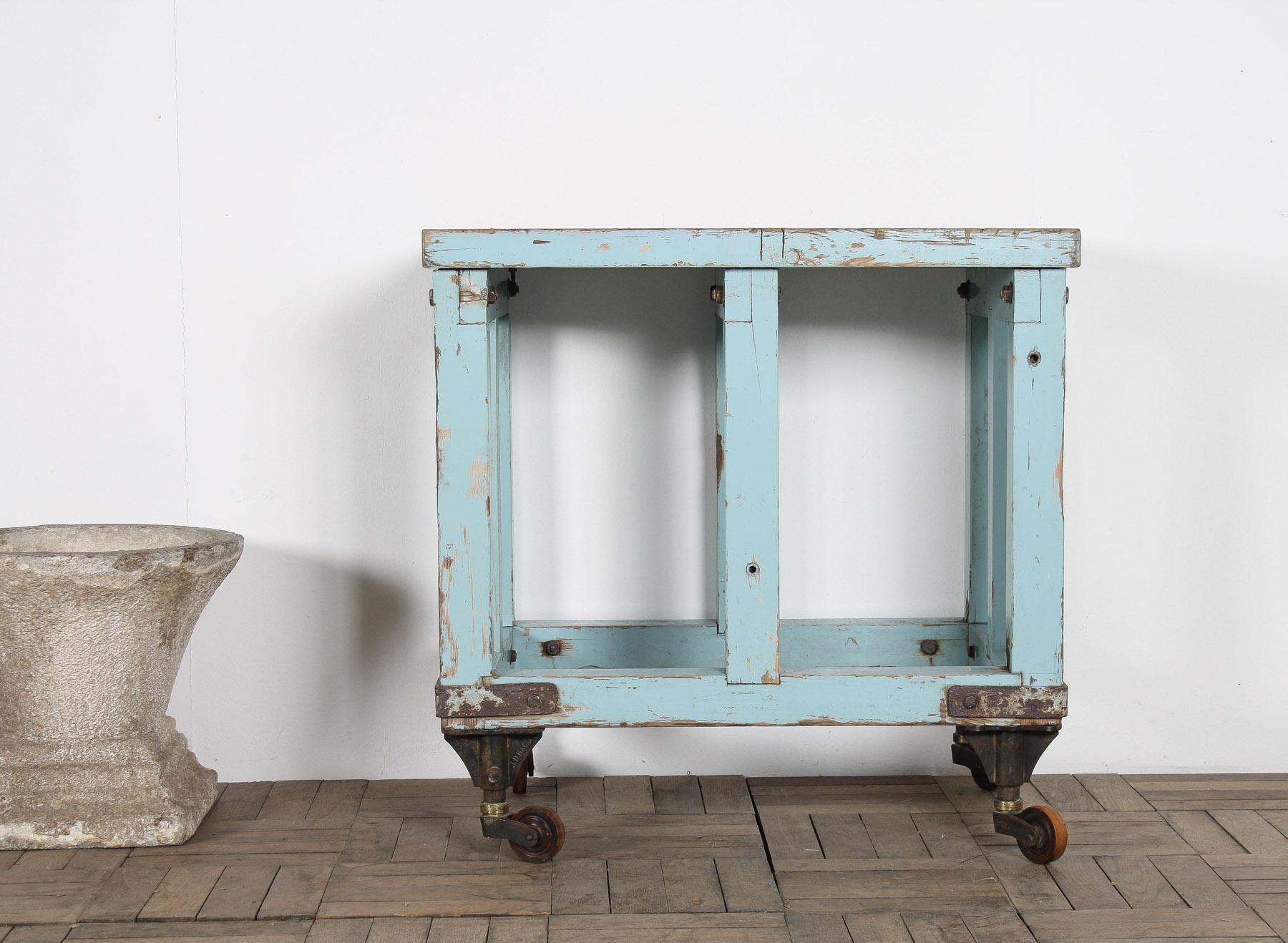 Small Rustic Duck Egg Blue Industrial Bakery Worktop Table on Cast Iron Castors For Sale 7