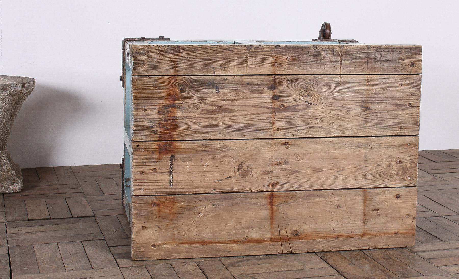 Small Rustic Duck Egg Blue Industrial Bakery Worktop Table on Cast Iron Castors For Sale 9