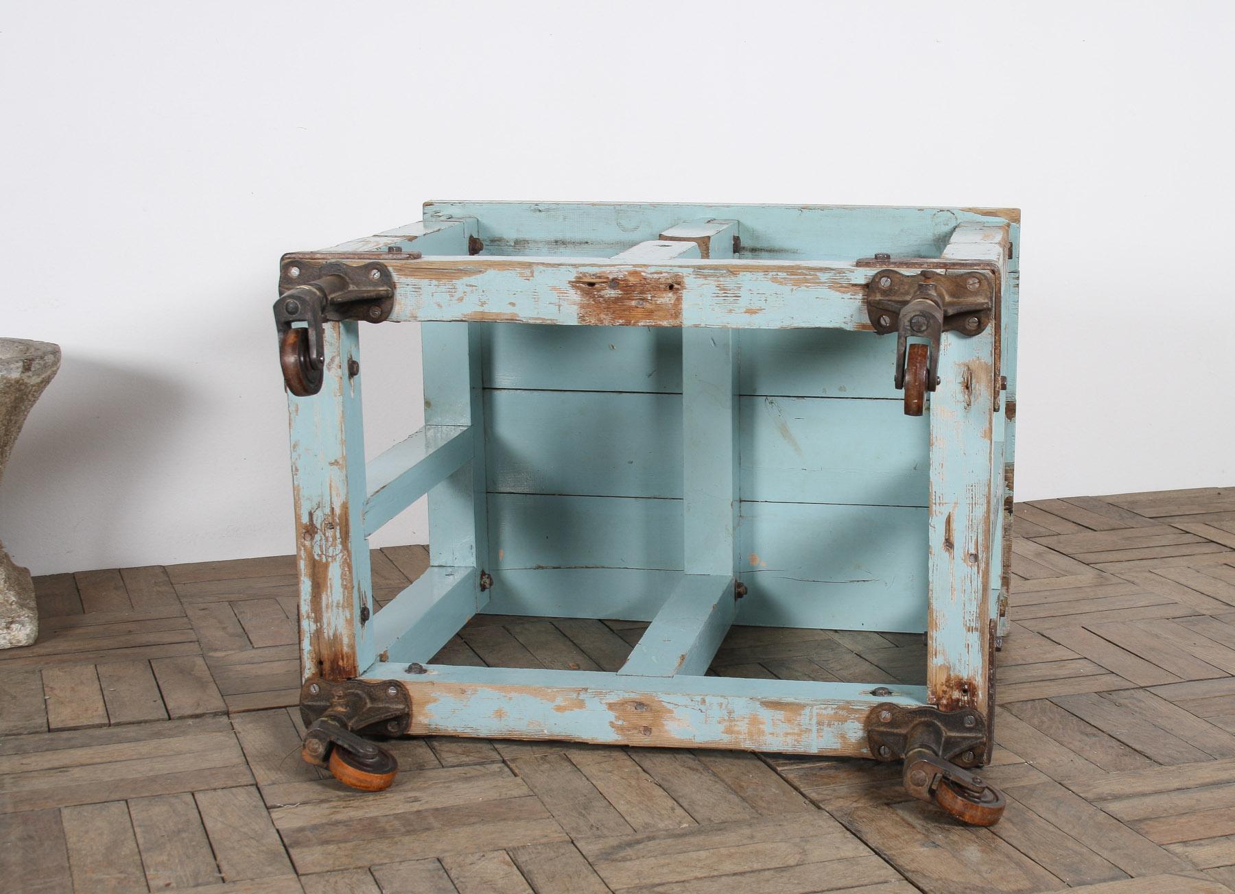 Small Rustic Duck Egg Blue Industrial Bakery Worktop Table on Cast Iron Castors For Sale 10