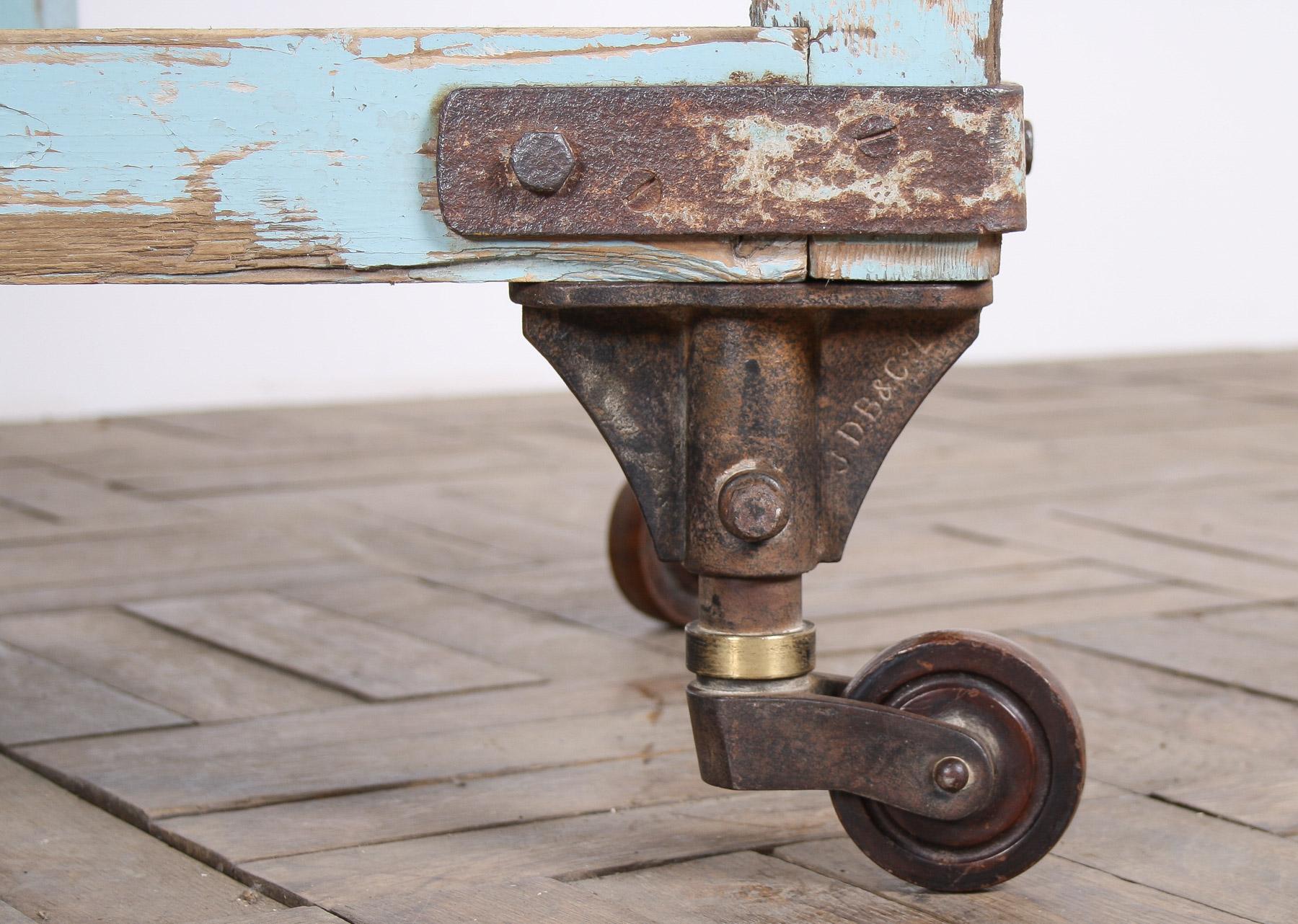 Small Rustic Duck Egg Blue Industrial Bakery Worktop Table on Cast Iron Castors For Sale 13