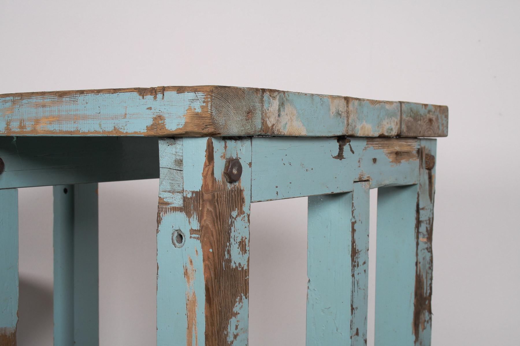 Small Rustic Duck Egg Blue Industrial Bakery Worktop Table on Cast Iron Castors For Sale 14
