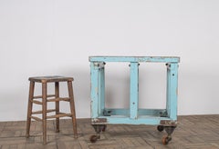 Small Rustic Duck Egg Blue Industrial Bakery Worktop Table on Cast Iron Castors