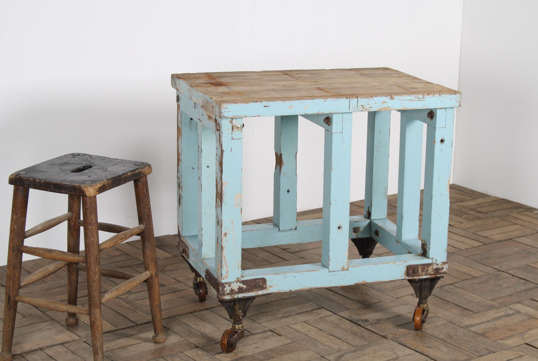 British Small Rustic Duck Egg Blue Industrial Bakery Worktop Table on Cast Iron Castors For Sale