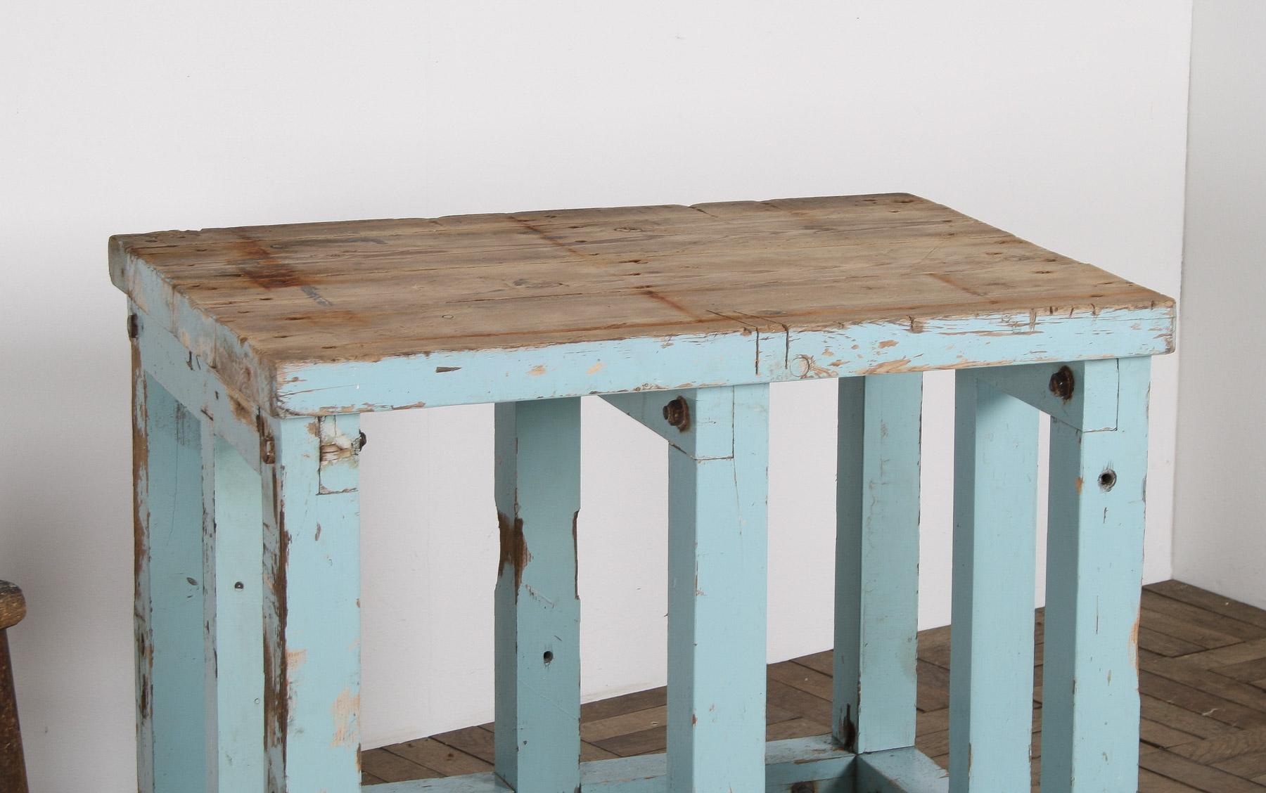 Small Rustic Duck Egg Blue Industrial Bakery Worktop Table on Cast Iron Castors In Good Condition For Sale In Llanbrynmair, GB