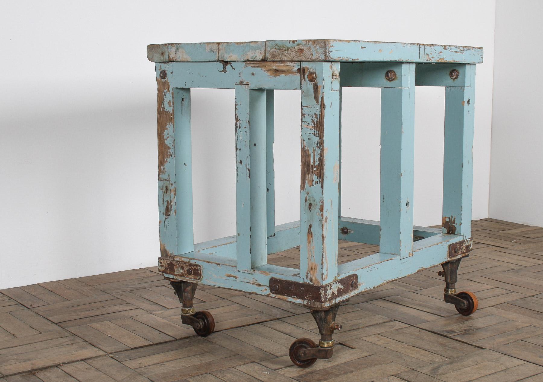 20th Century Small Rustic Duck Egg Blue Industrial Bakery Worktop Table on Cast Iron Castors For Sale