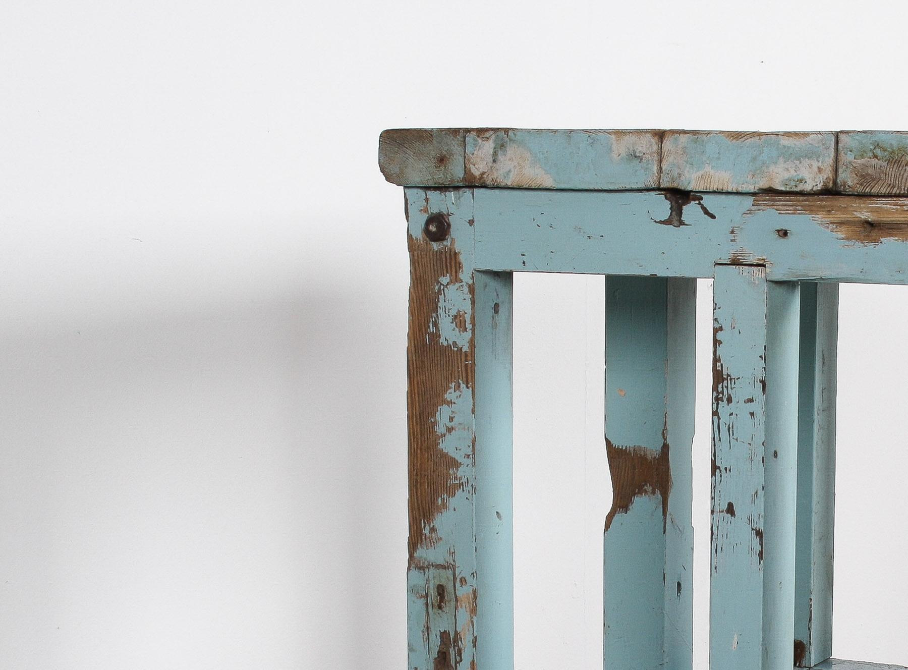 Small Rustic Duck Egg Blue Industrial Bakery Worktop Table on Cast Iron Castors For Sale 1