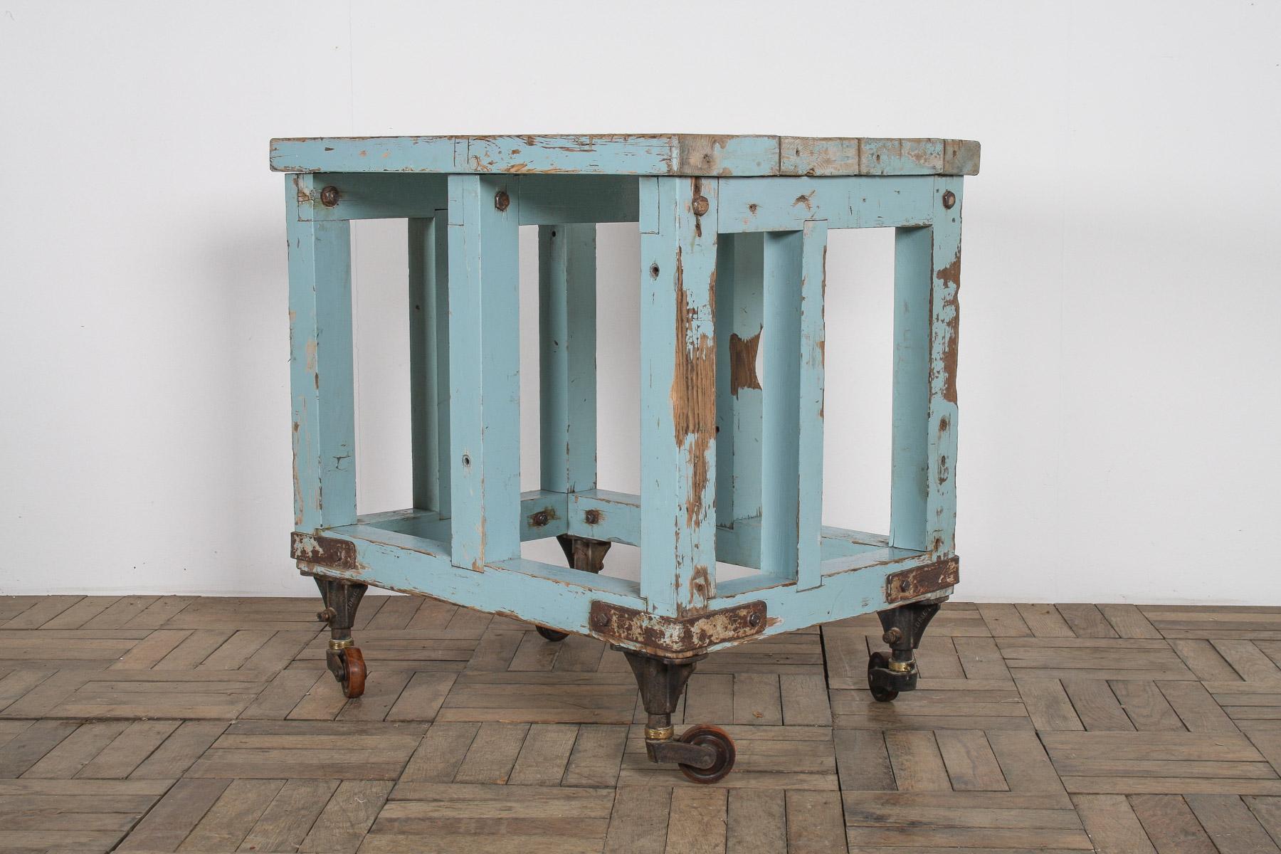 Small Rustic Duck Egg Blue Industrial Bakery Worktop Table on Cast Iron Castors For Sale 2