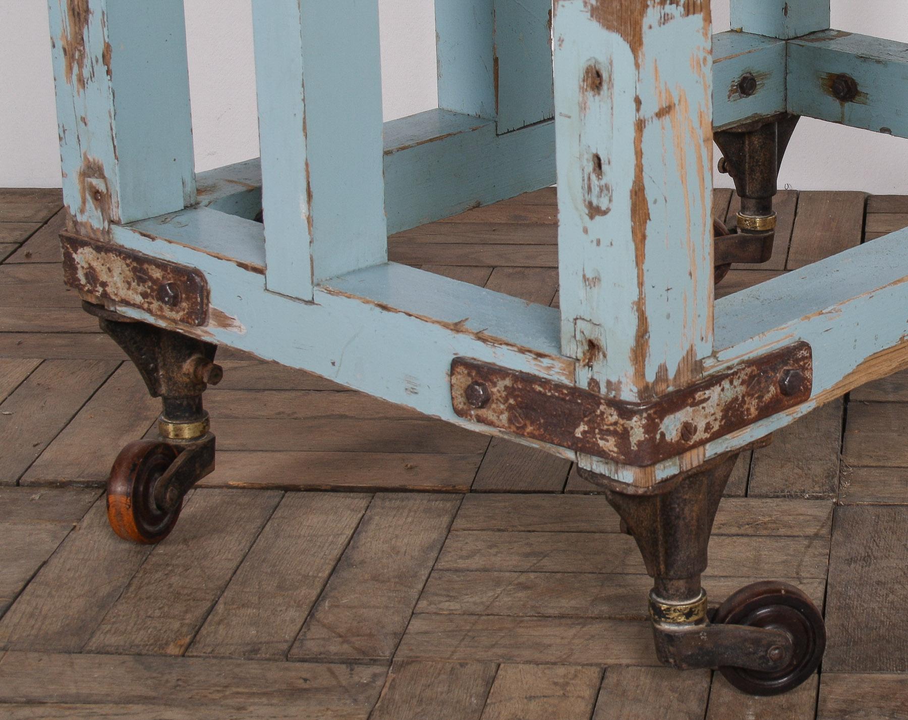 Small Rustic Duck Egg Blue Industrial Bakery Worktop Table on Cast Iron Castors For Sale 4