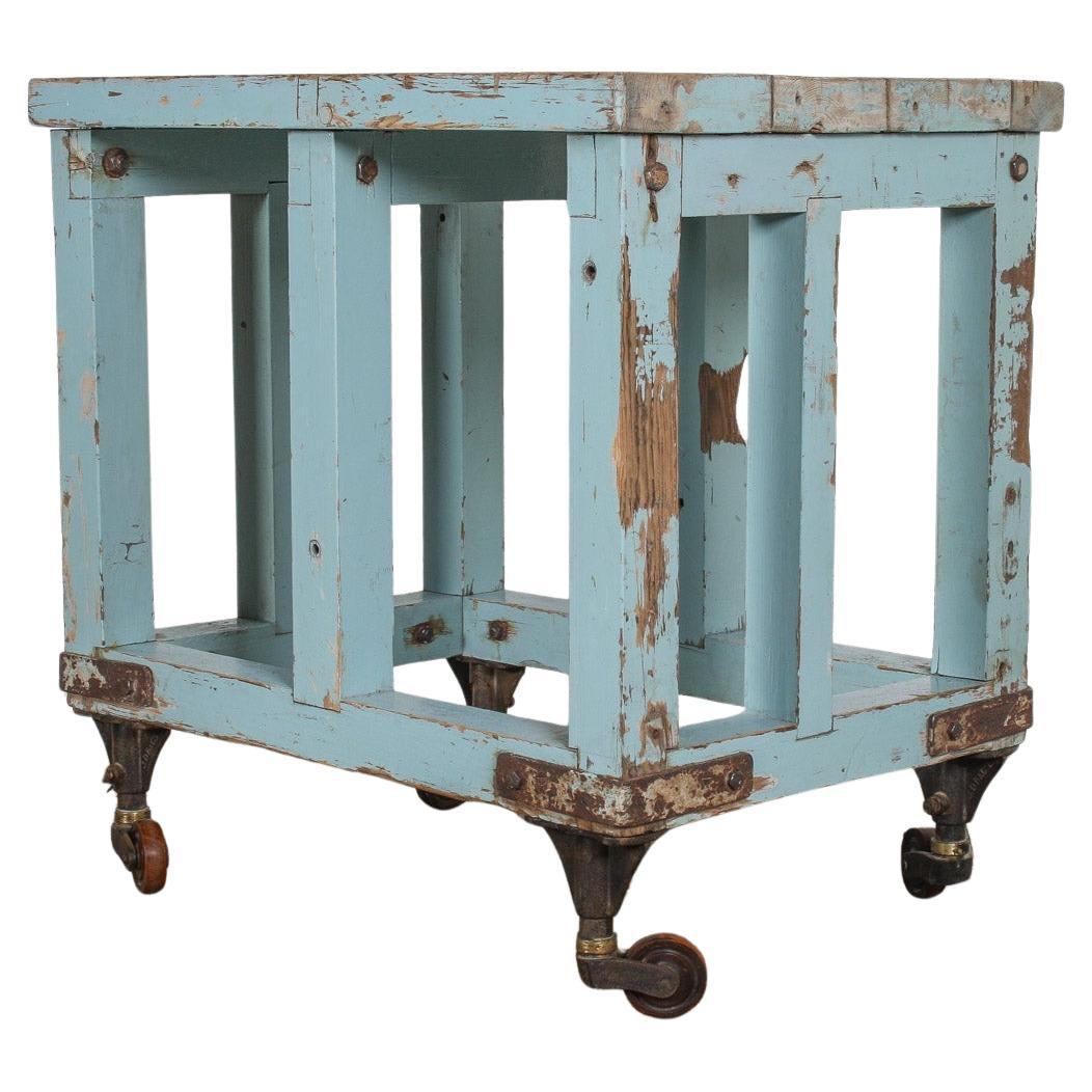 Small Rustic Duck Egg Blue Industrial Bakery Worktop Table on Cast Iron Castors For Sale