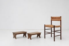 Small rustic wooden stool with curved base, France ca. 1900