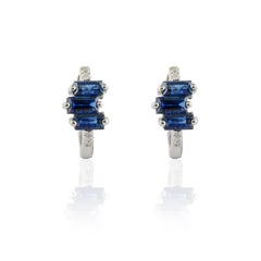 Small Sapphire Diamond Huggie Hoop Earrings in 18kt Solid White Gold For Her