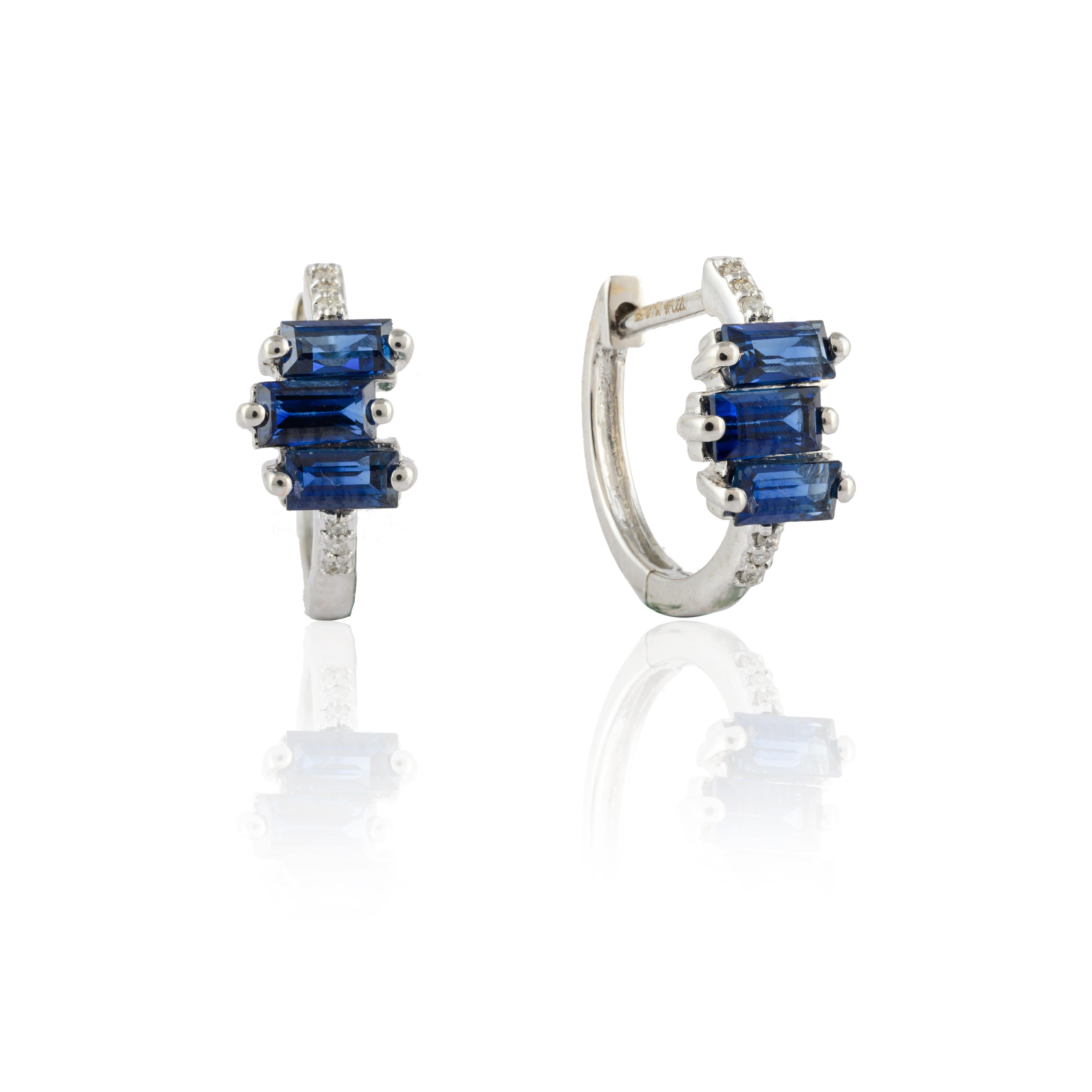Baguette Cut Small Sapphire Diamond Huggie Hoop Earrings in 18kt Solid White Gold For Her For Sale