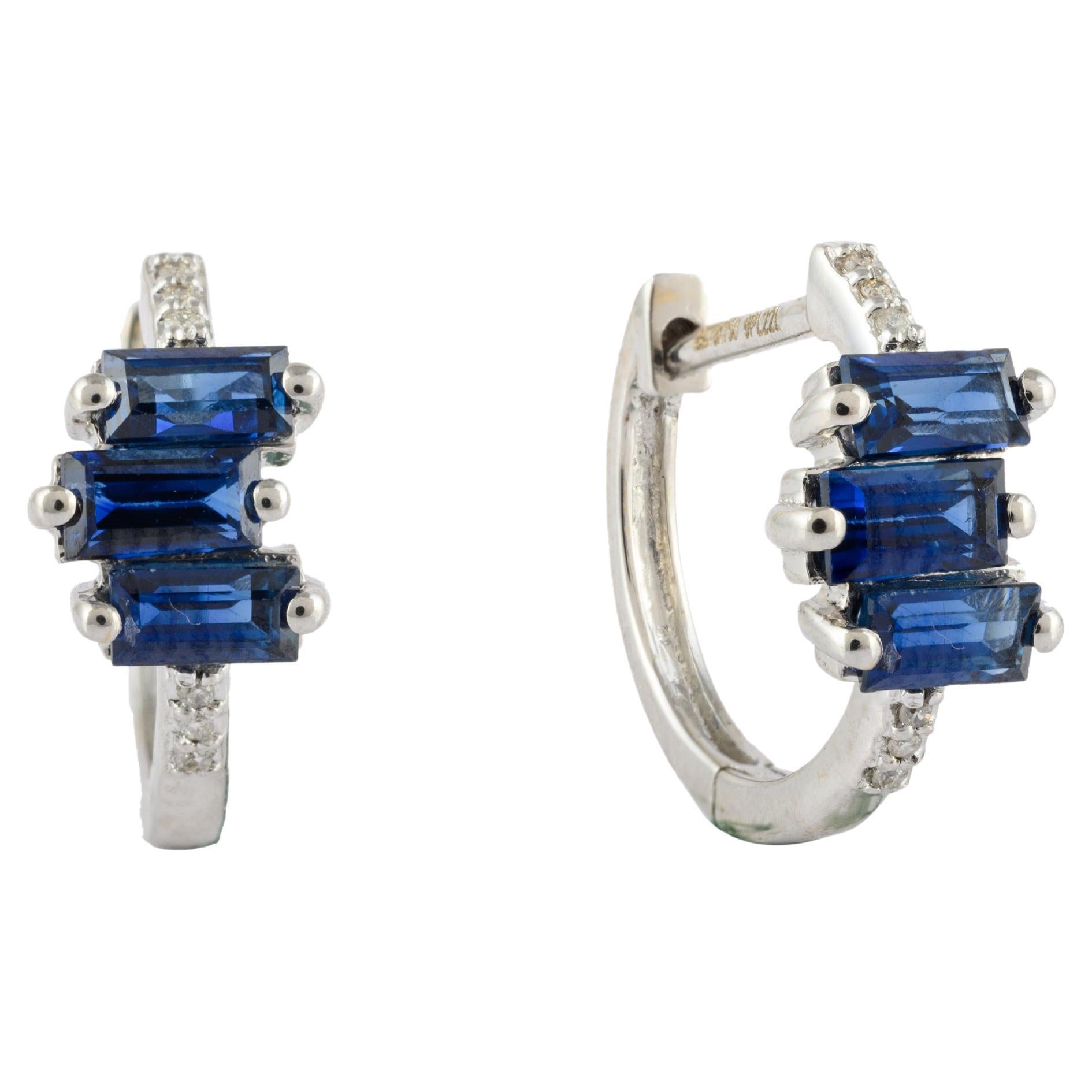 Small Sapphire Diamond Huggie Hoop Earrings in 18kt Solid White Gold For Her For Sale