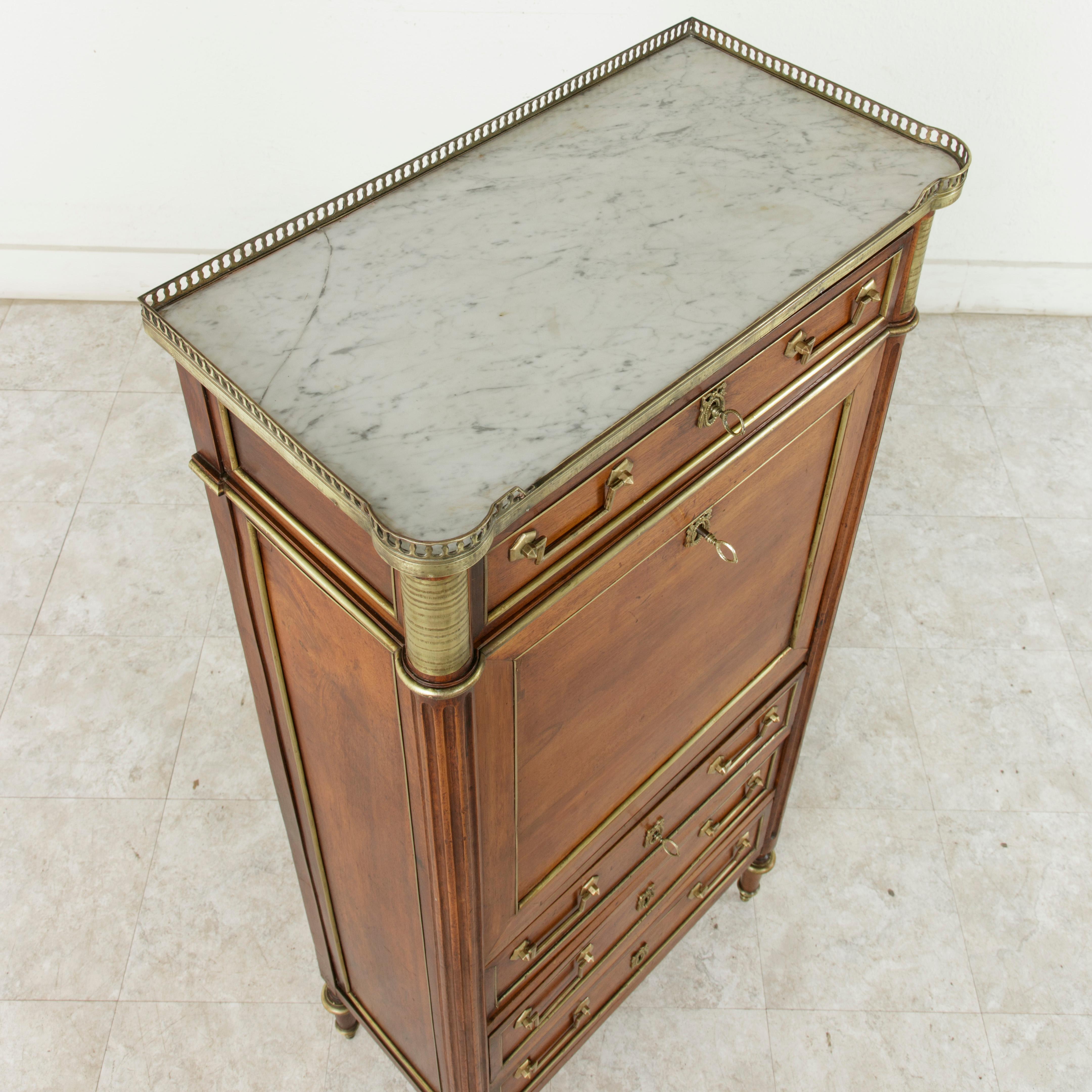 Small-Scale 18th Century French Louis XVI Period Mahogany Secretary, Marble Top 2