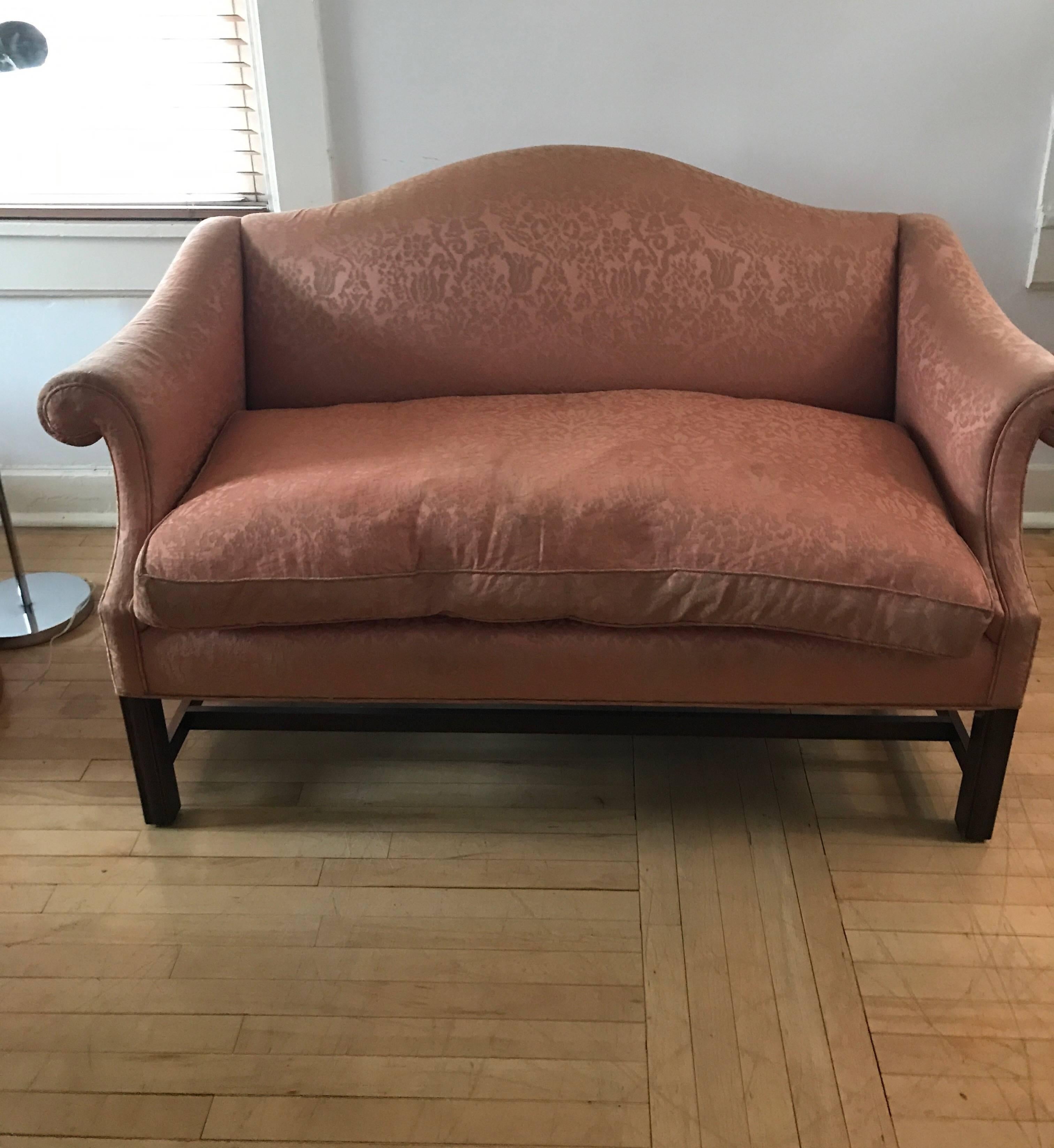 Small Scale Chippendale Style Mahogany Camelback Sofa Loveseat For Sale 1