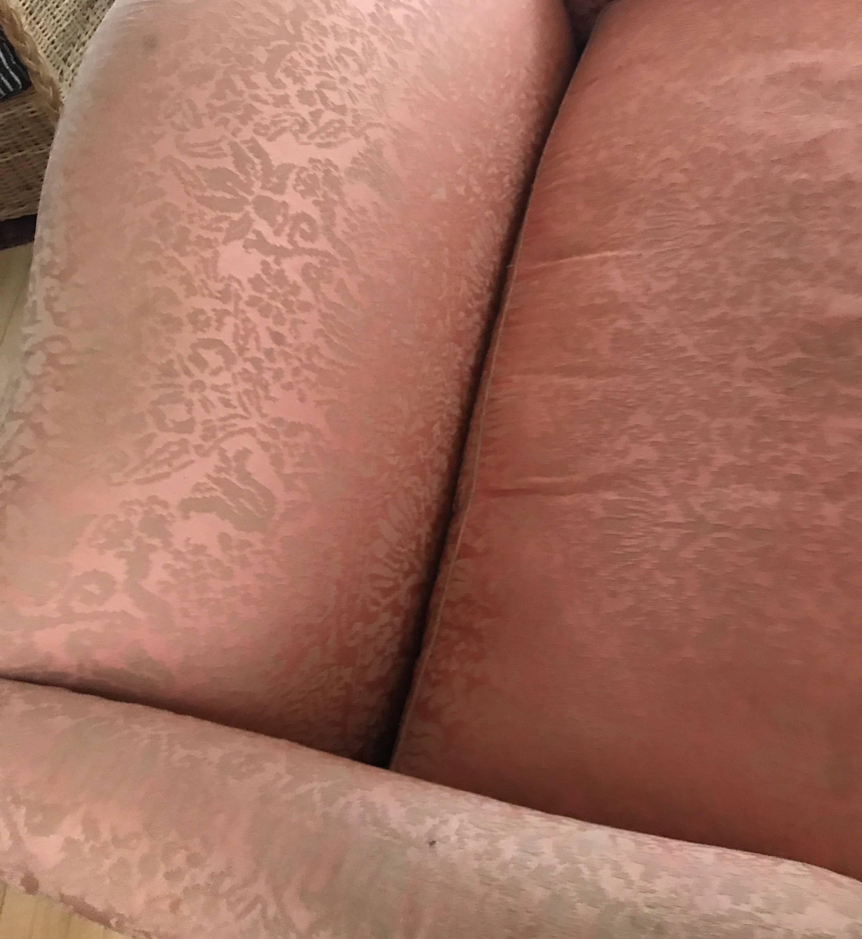 Damask Small Scale Chippendale Style Mahogany Camelback Sofa Loveseat For Sale