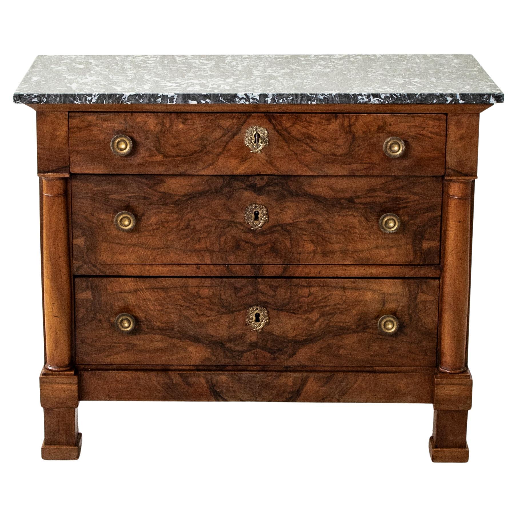 Small Scale Early 19th Century French Empire Period Burl Walnut Commode, Chest For Sale