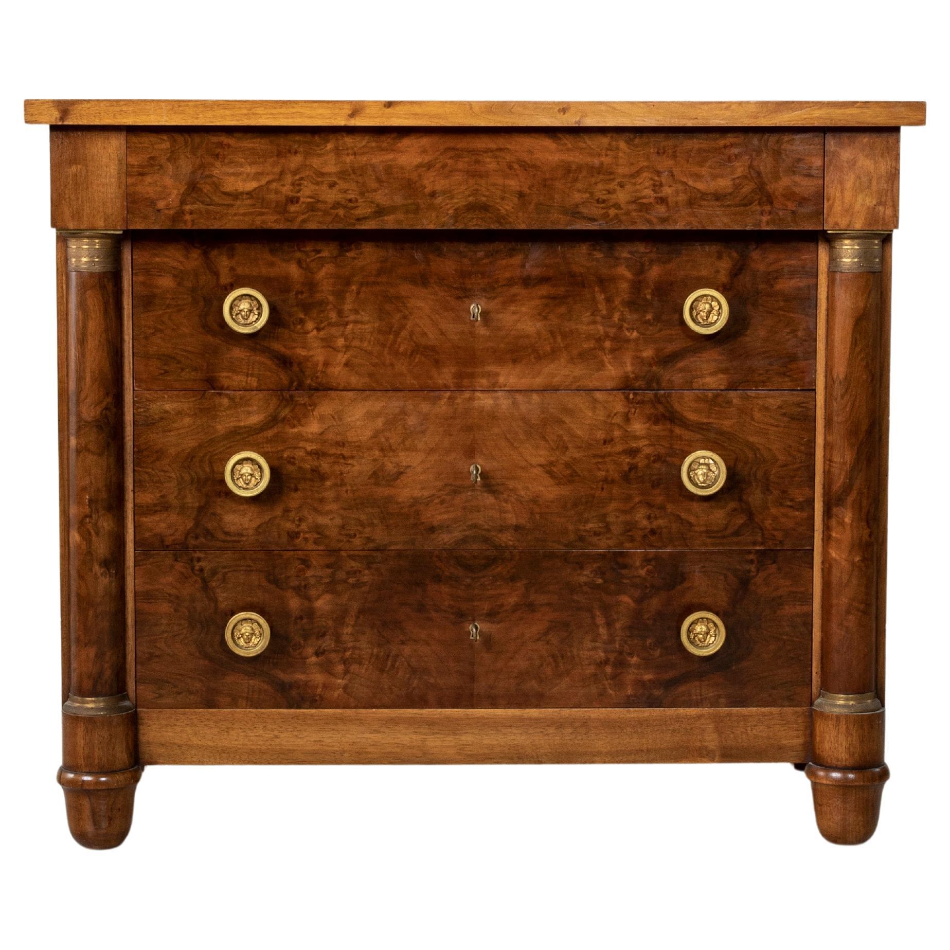 Early 19th Century French Empire Period Burl Walnut Commode or Chest, Marble Top at 1stDibs
