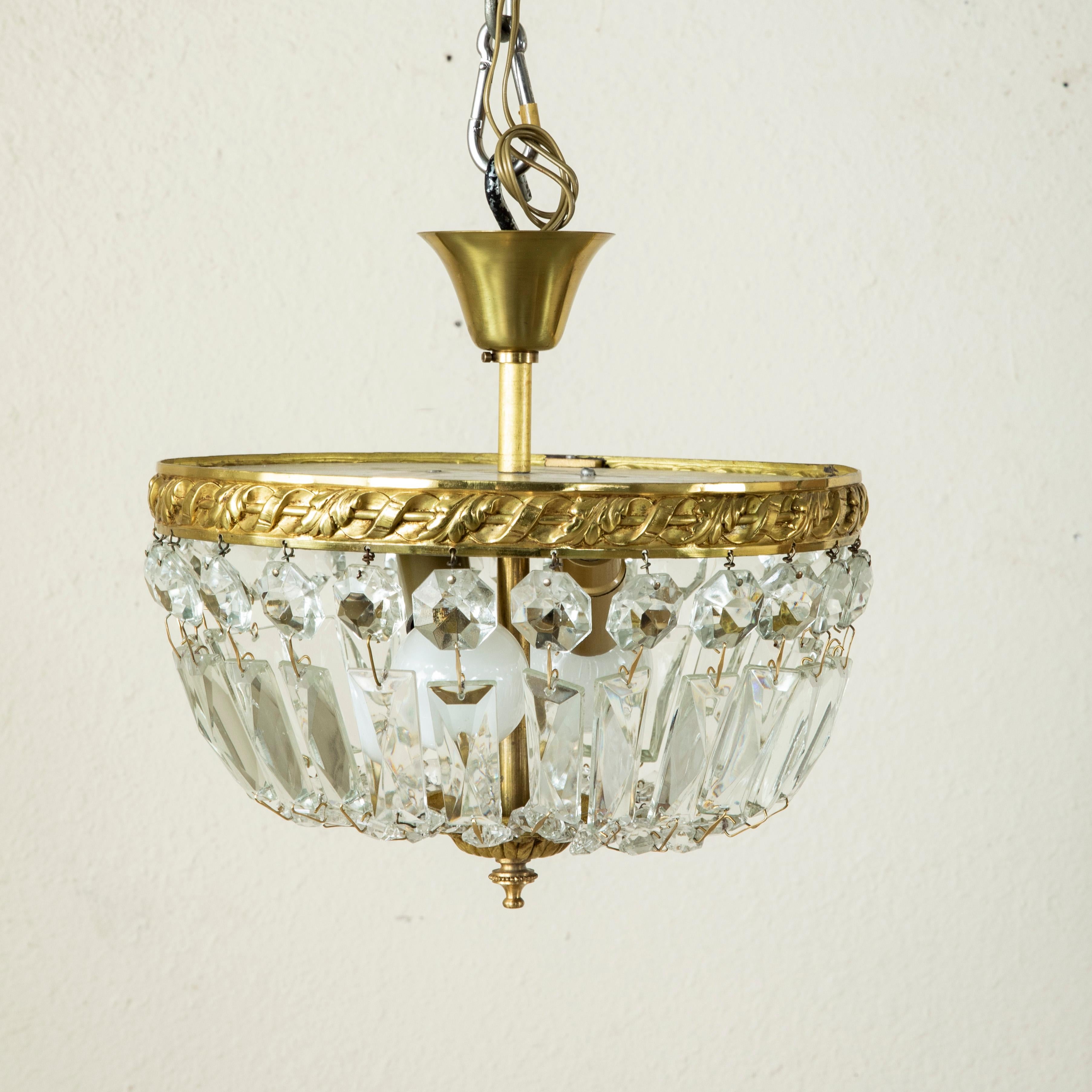 Small Scale Early 20th Century French Crystal and Bronze Flush Mount, Chandelier In Good Condition In Fayetteville, AR