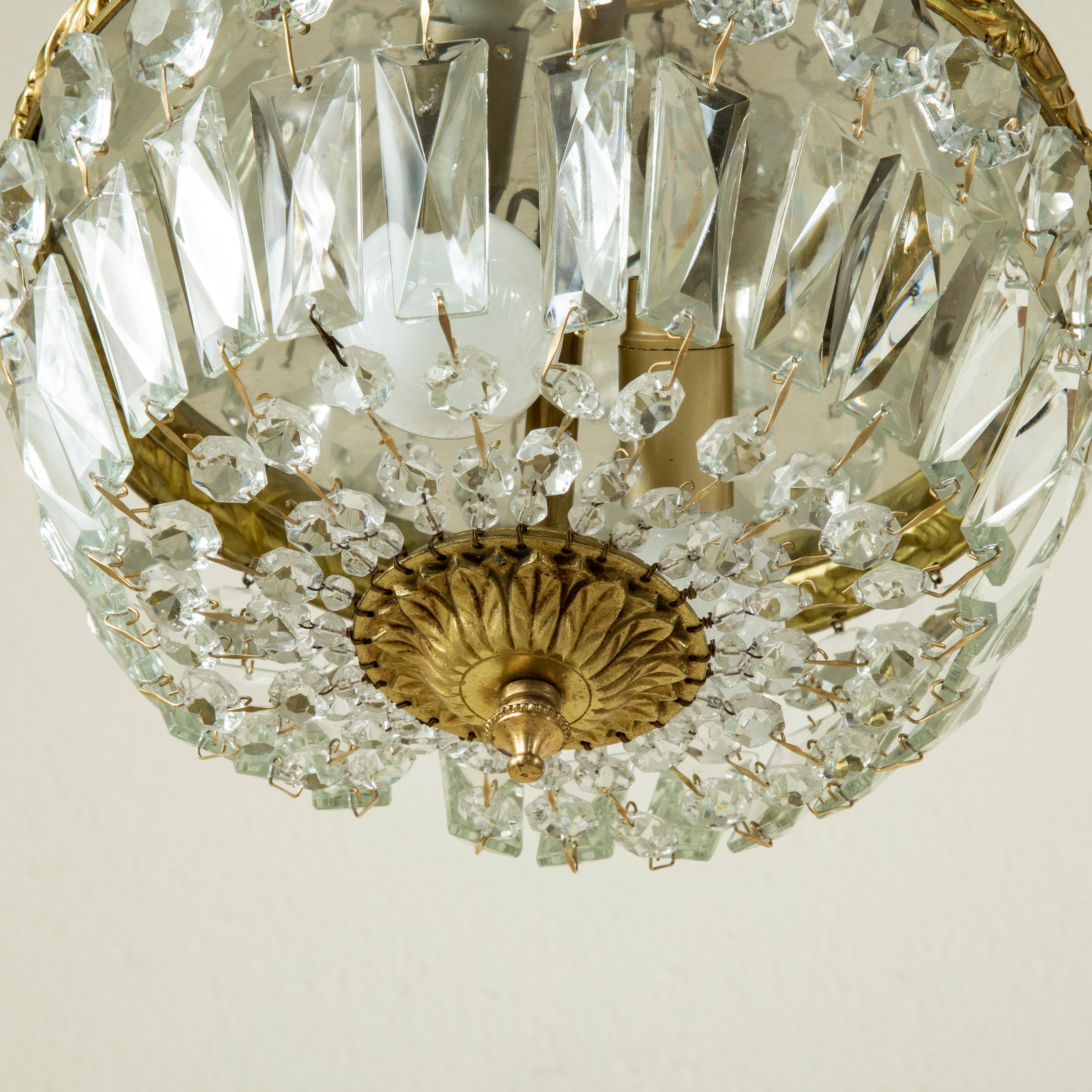 Small Scale Early 20th Century French Crystal and Bronze Flush Mount, Chandelier 1