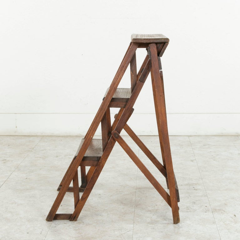 Small-Scale Early 20th Century French Oak Library Ladder with Maker's ...