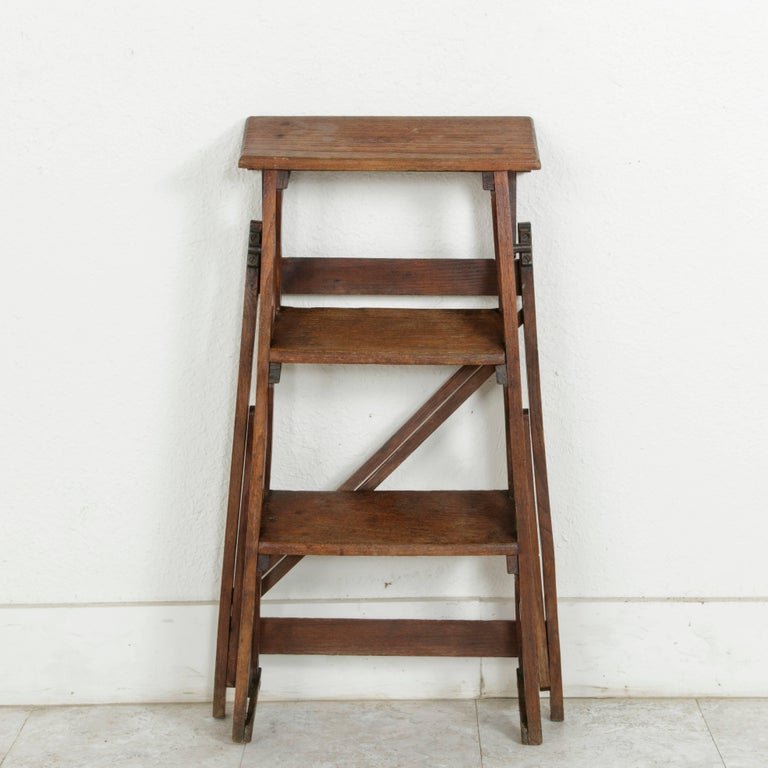 Small-Scale Early 20th Century French Oak Library Ladder with Maker's ...