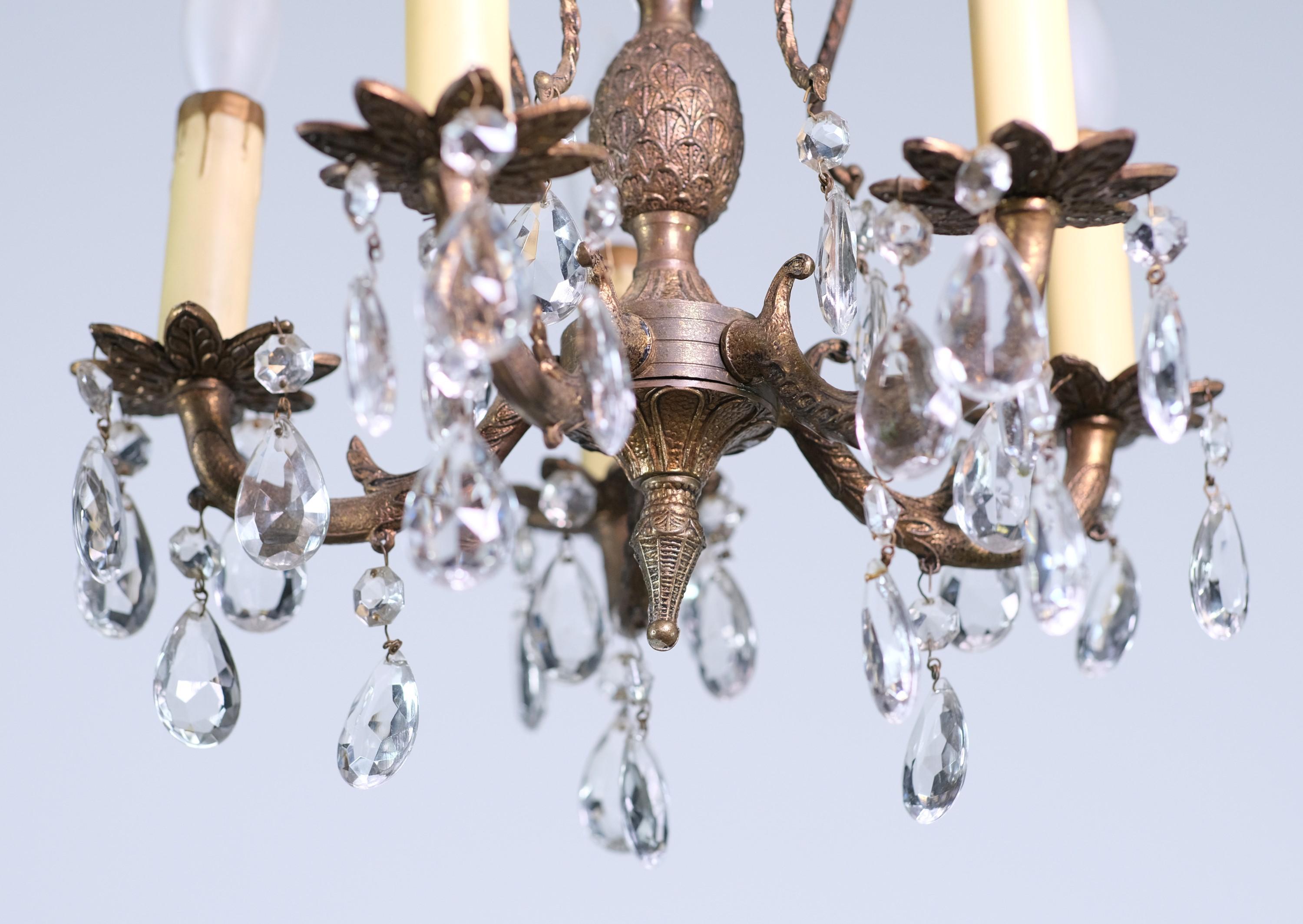 Small Scale French Bronze & Crystal Chandelier Floral Style w 5 Arms In Good Condition In New York, NY