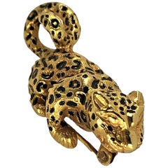 Retro Small Scale Gold and Black Enamel French Leopard Brooch