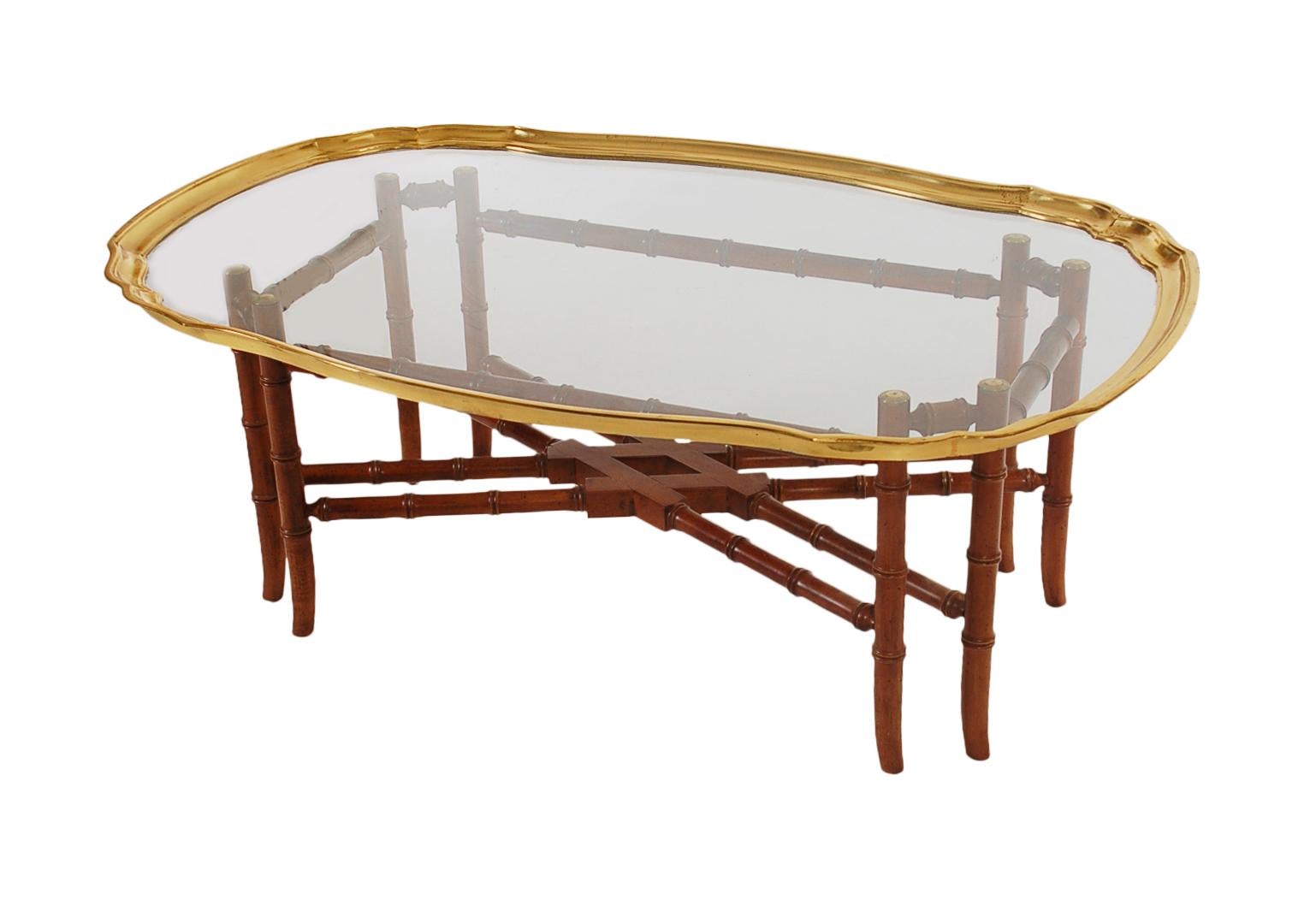 American Small Scale Hollywood Regency Faux Bamboo Wood Brass Tray Cocktail Table For Sale
