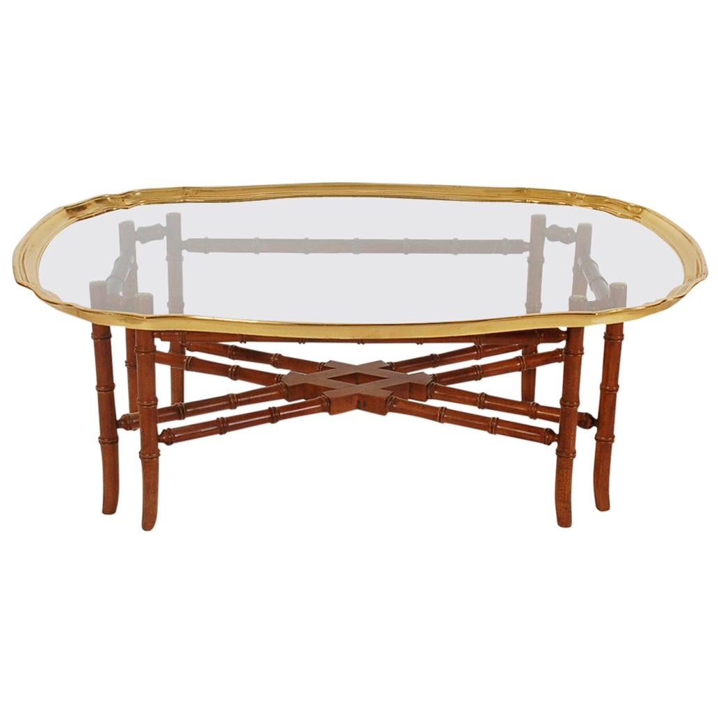 Small Scale Hollywood Regency Faux Bamboo Wood Brass Tray Cocktail Table