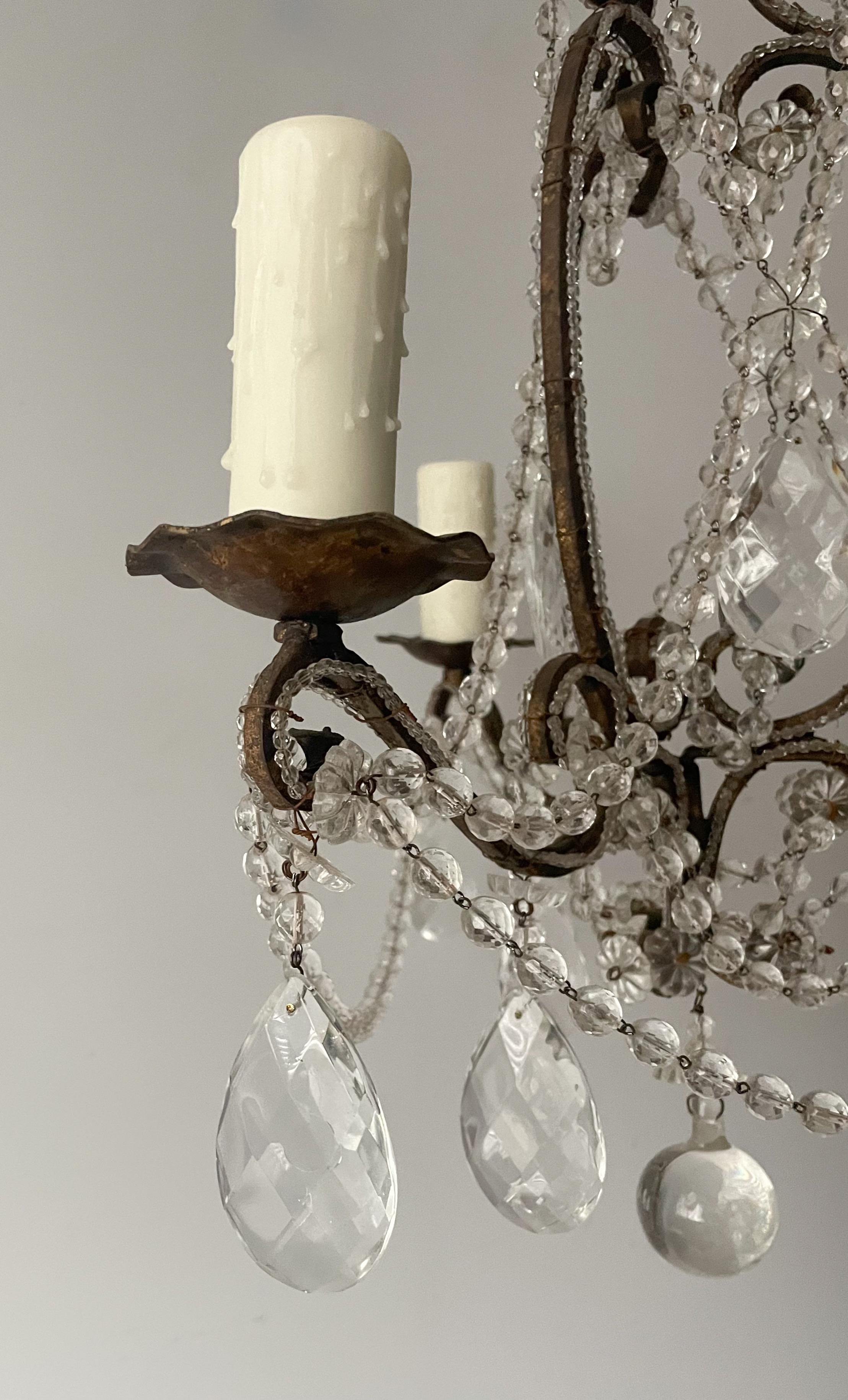 Mid-20th Century Small-Scale Italian Crystal Beaded Chandelier For Sale
