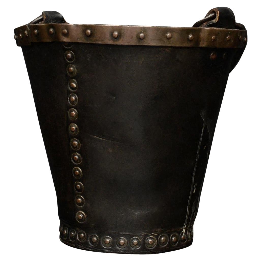 Small Scale Leather Coal Bucket with Copper Band & Studding For Sale
